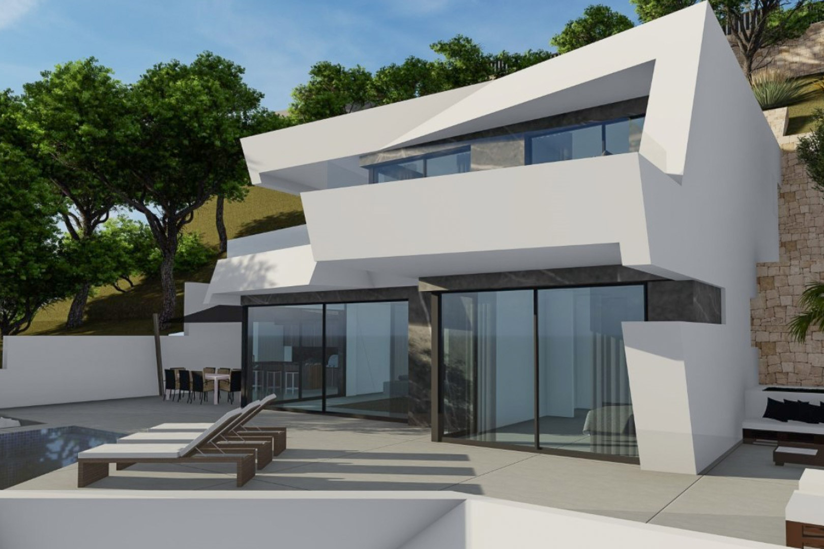 Modern facade with white geometric cantilevered structures, floor-to-ceiling glass doors, and a spacious terrace featuring sun loungers and an outdoor dining set.