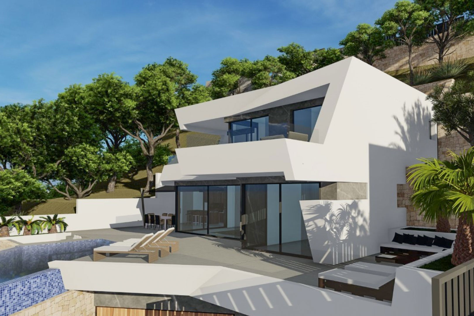 Modern geometric villa exterior featuring large glass sliders, integrated terraces, a blue mosaic infinity pool, and multiple sunbathing areas amidst lush greenery.