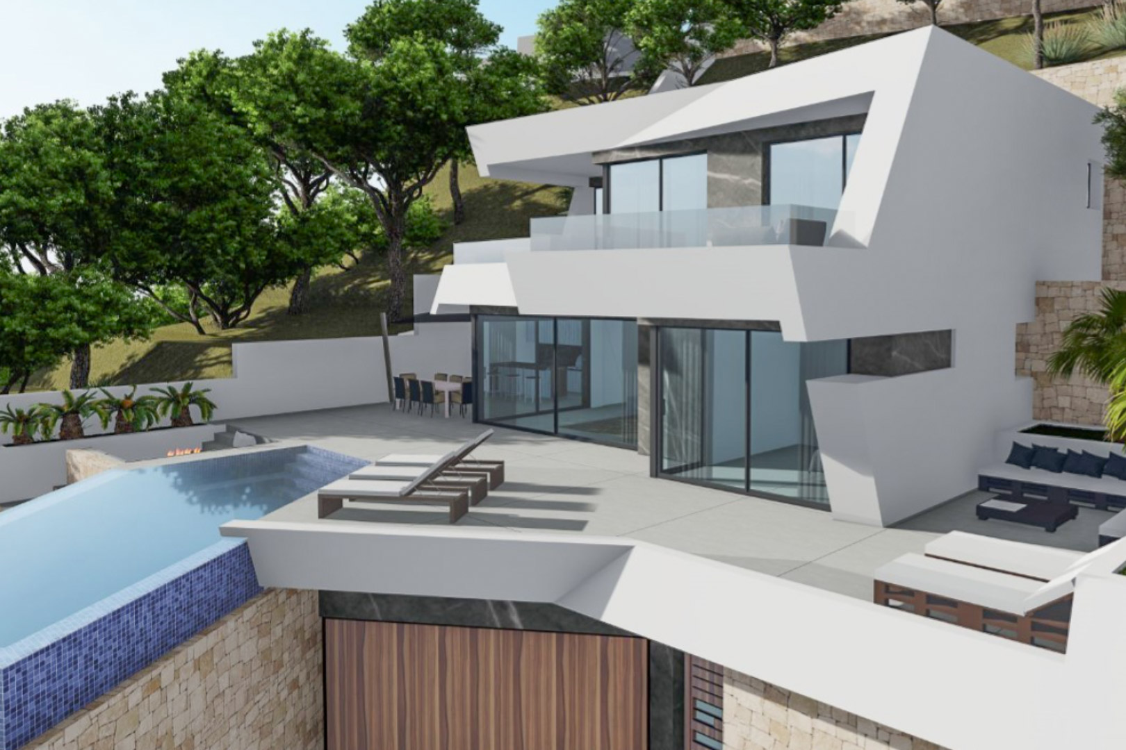Modern geometric white villa featuring stone accents, an infinity pool with blue mosaic tiles, and expansive terraces with outdoor dining and lounge areas.