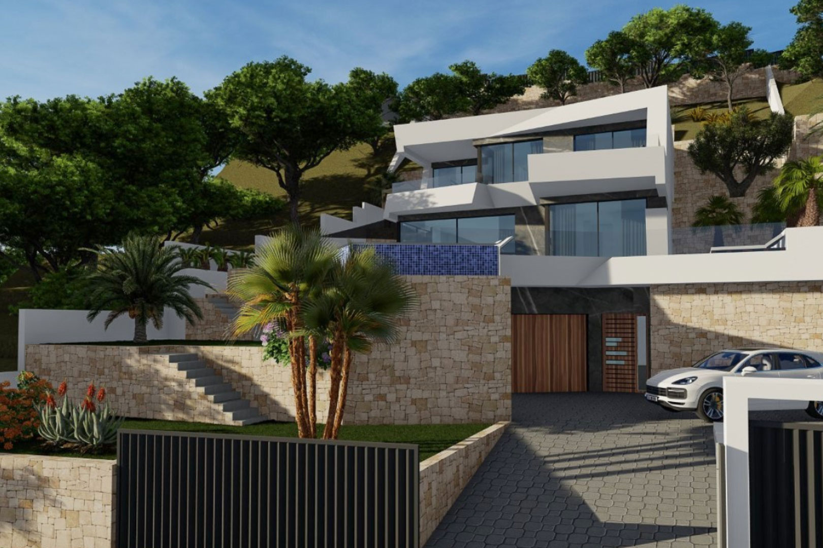Modern multi-level exterior featuring geometric white volumes, natural stone walls, a paved driveway, and tiered landscaping with palm trees.
