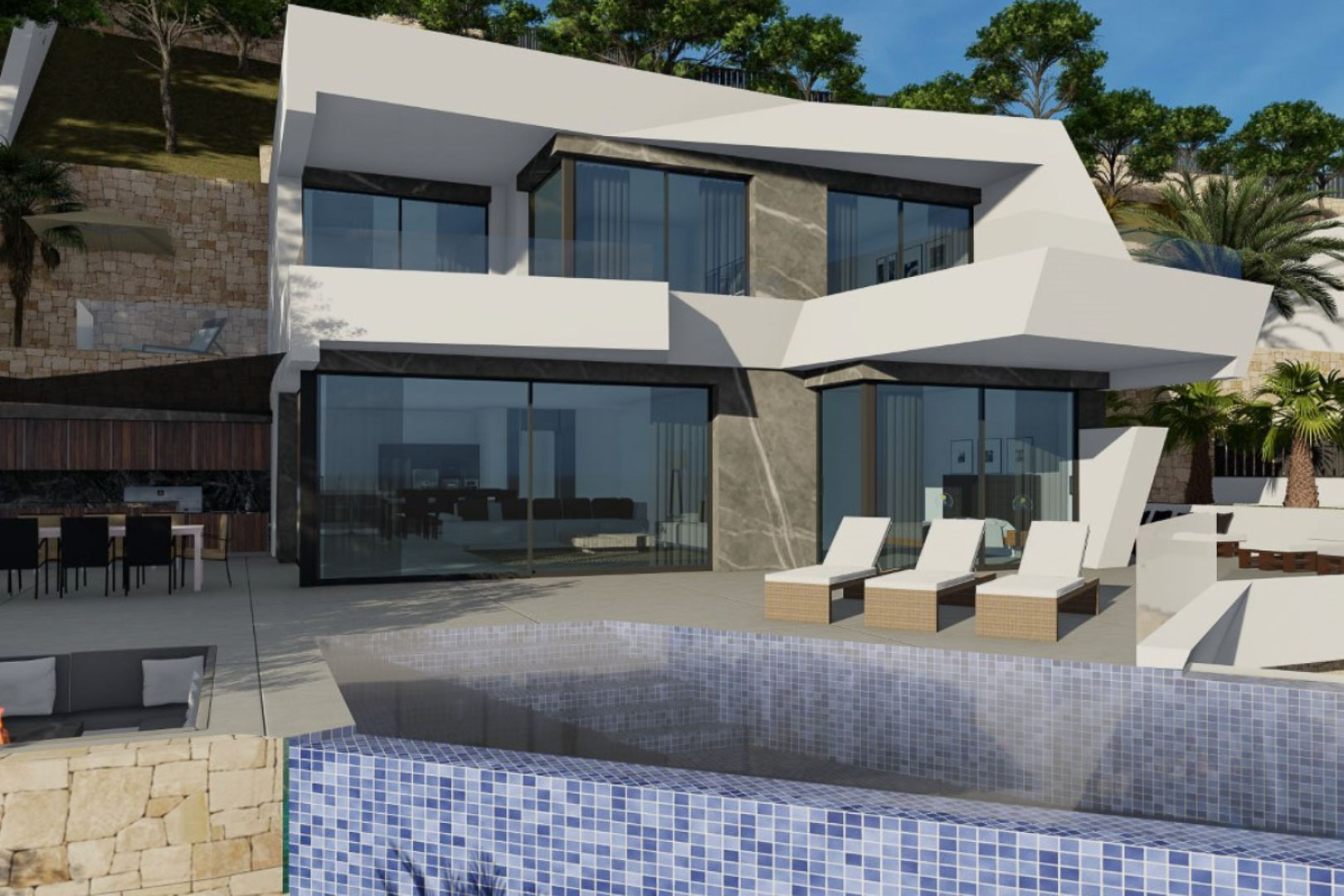 Modern two-story facade featuring floor-to-ceiling glass, an infinity pool with blue mosaic tiles, and a spacious terrace with outdoor dining and lounge areas.