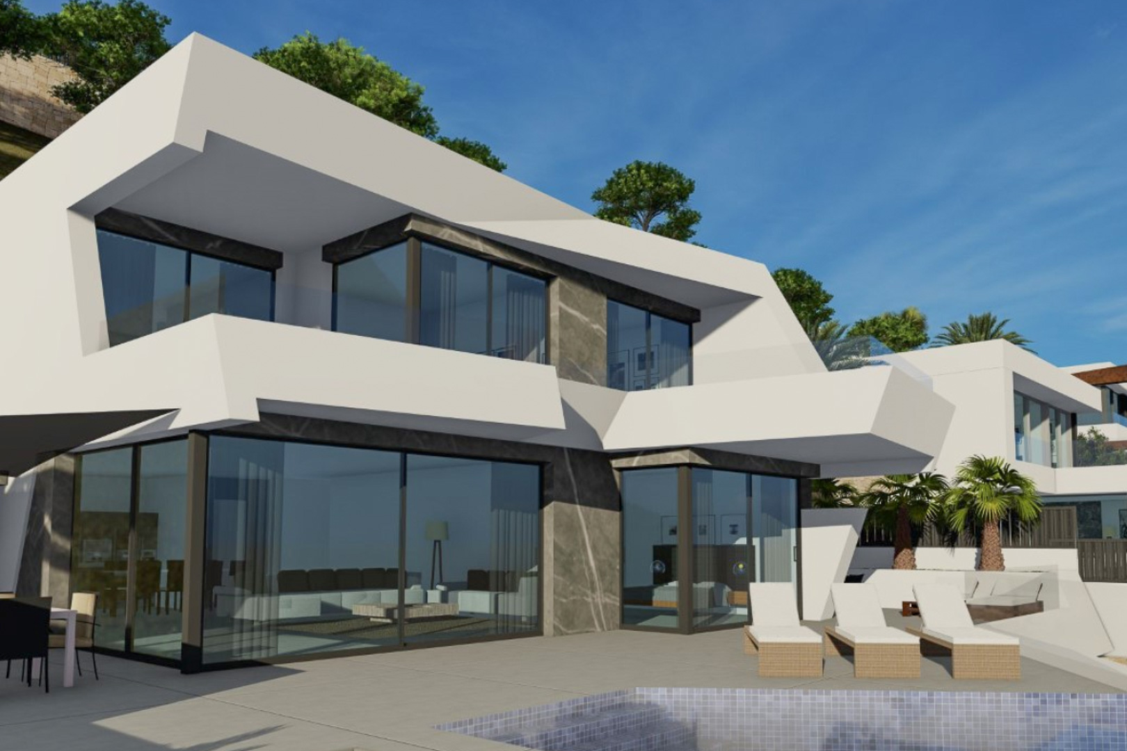 Modern villa exterior featuring geometric white architecture, dark stone accents, expansive glass walls, and a terrace with pool and sun loungers.