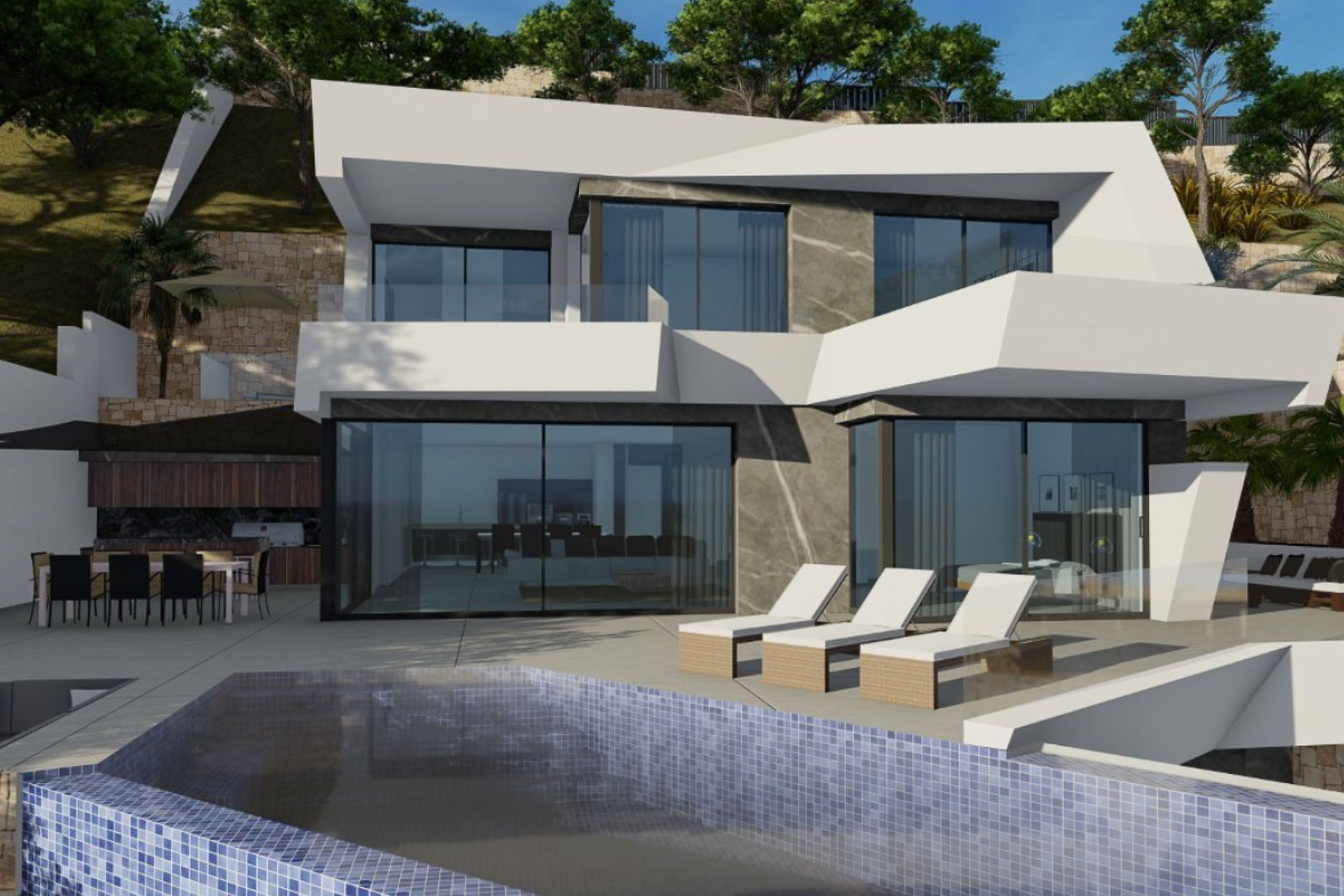 Modern villa exterior featuring white geometric architecture, stone accents, an infinity pool with blue tiling, and a spacious terrace with outdoor dining and lounge areas.