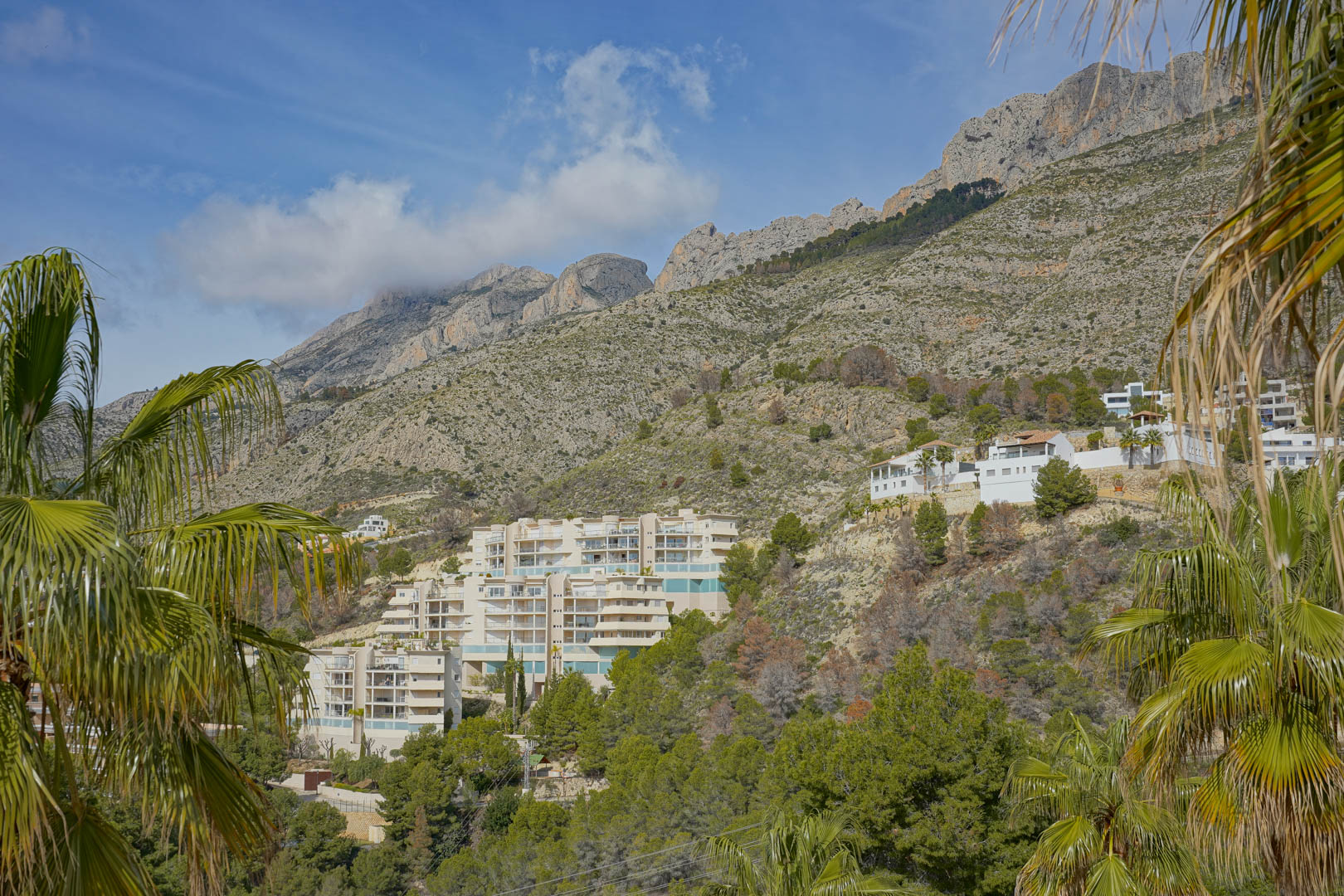 Panoramic view of the Sierra de Bernia mountain range, featuring limestone peaks and residential developments nestled among Mediterranean pines and palm trees.