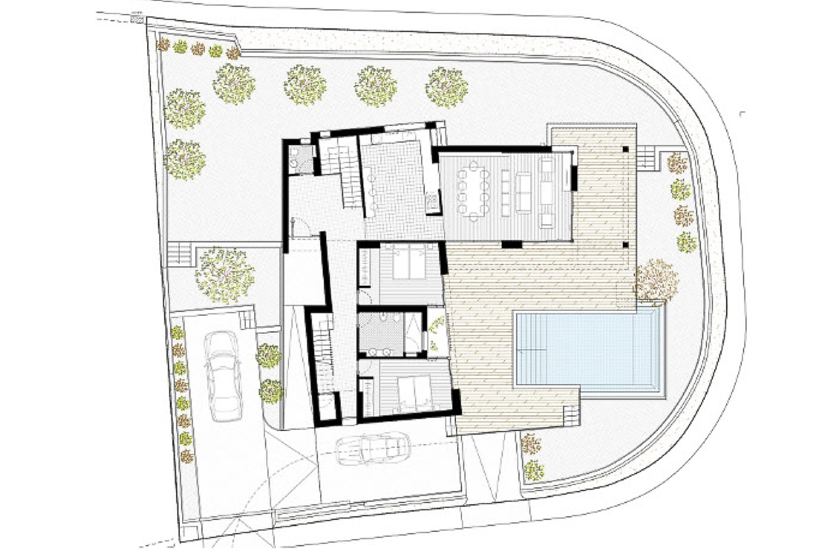 Detailed architectural plan of the villa, showcasing the interior layout, pool, and Mediterranean garden.