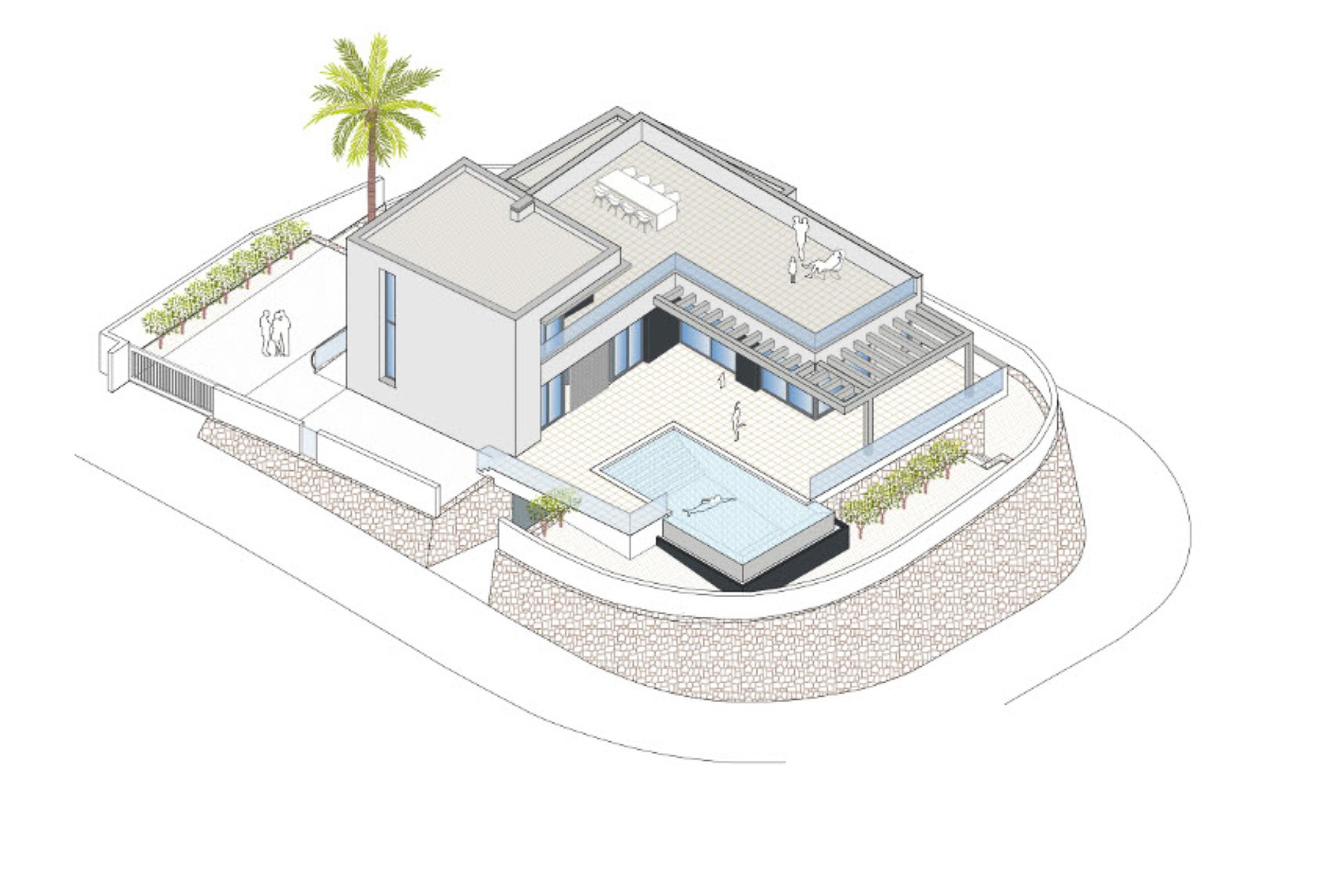 Isometric view of the villa showcasing the private pool, rooftop terrace, and Mediterranean garden.