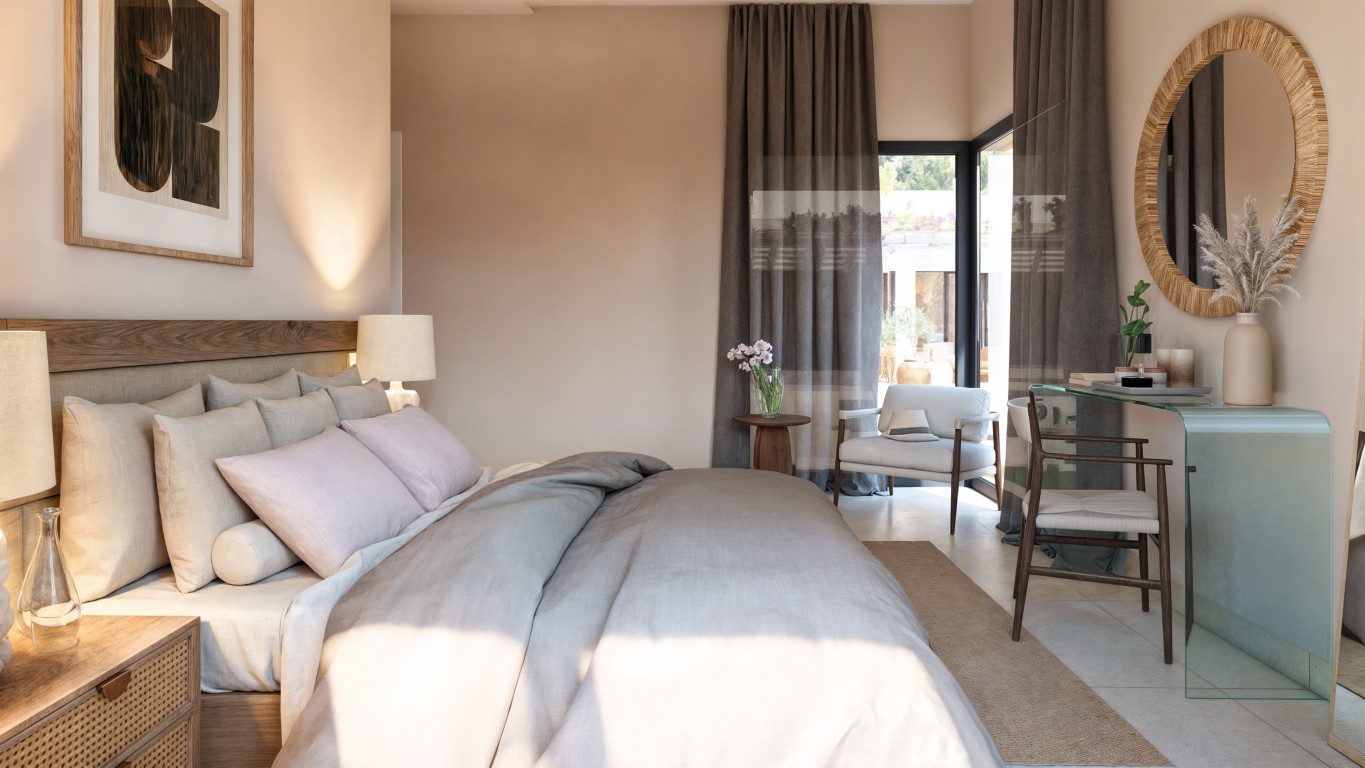 Bright bedroom featuring a wooden headboard, glass vanity desk, and direct terrace access. The space is finished with neutral tones and contemporary furniture.