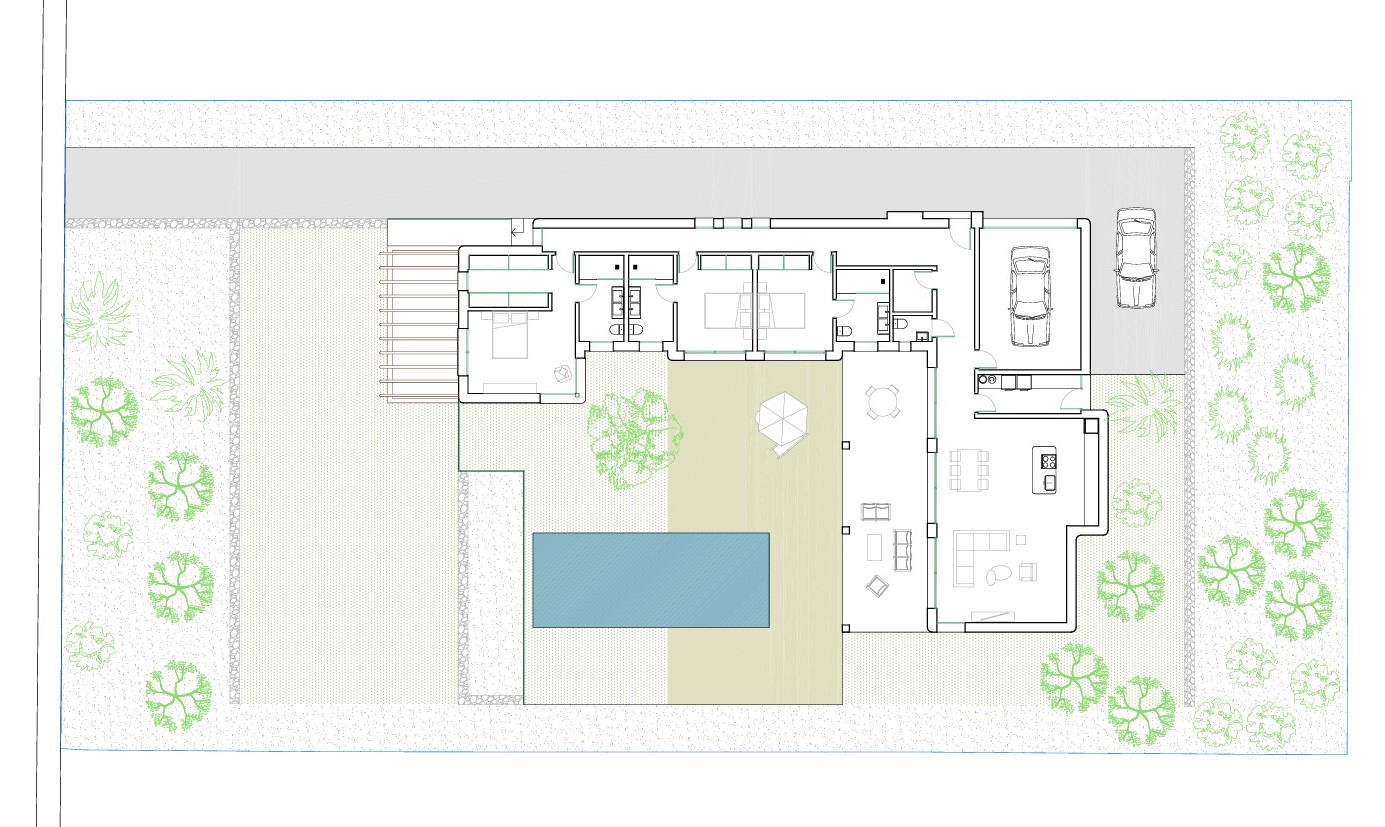 Detailed architectural floor plan of the main level showing three en-suite bedrooms, open-plan living area, garage, and the outdoor terrace with a private pool.
