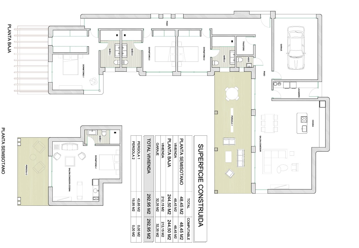 Detailed architectural floor plan showing the ground floor and semi-basement layouts, including a table of the total constructed surface areas.