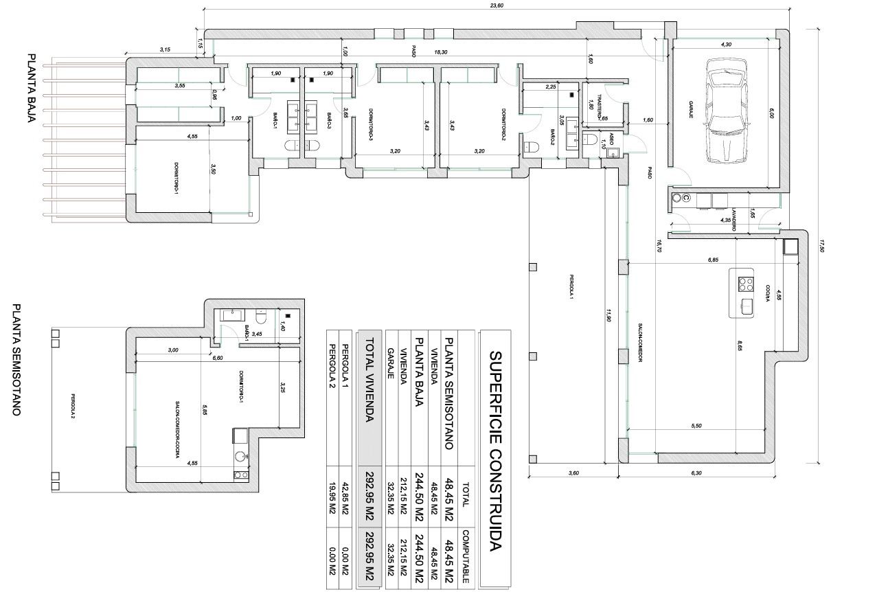 Detailed architectural floor plan showing the ground floor layout with three en-suite bedrooms and the independent semi-basement apartment, totaling 292 m².