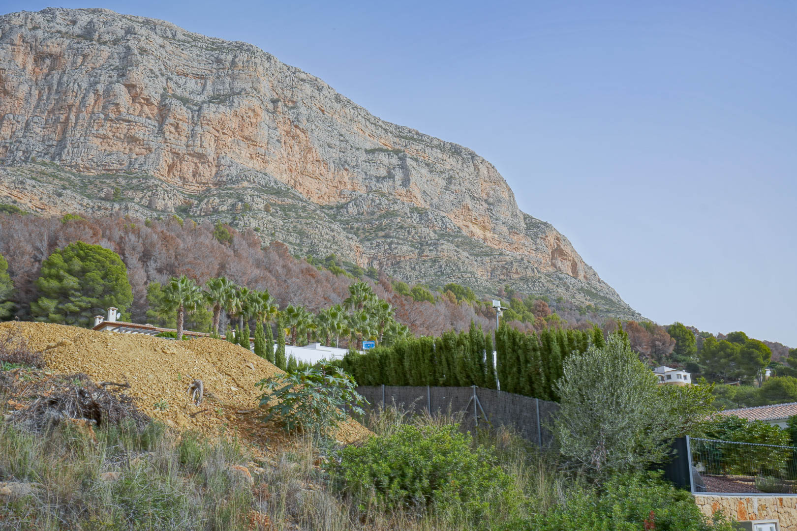 Panoramic view of the imposing Montgó mountain cliffs from the construction site, featuring native Mediterranean pines and palm trees.