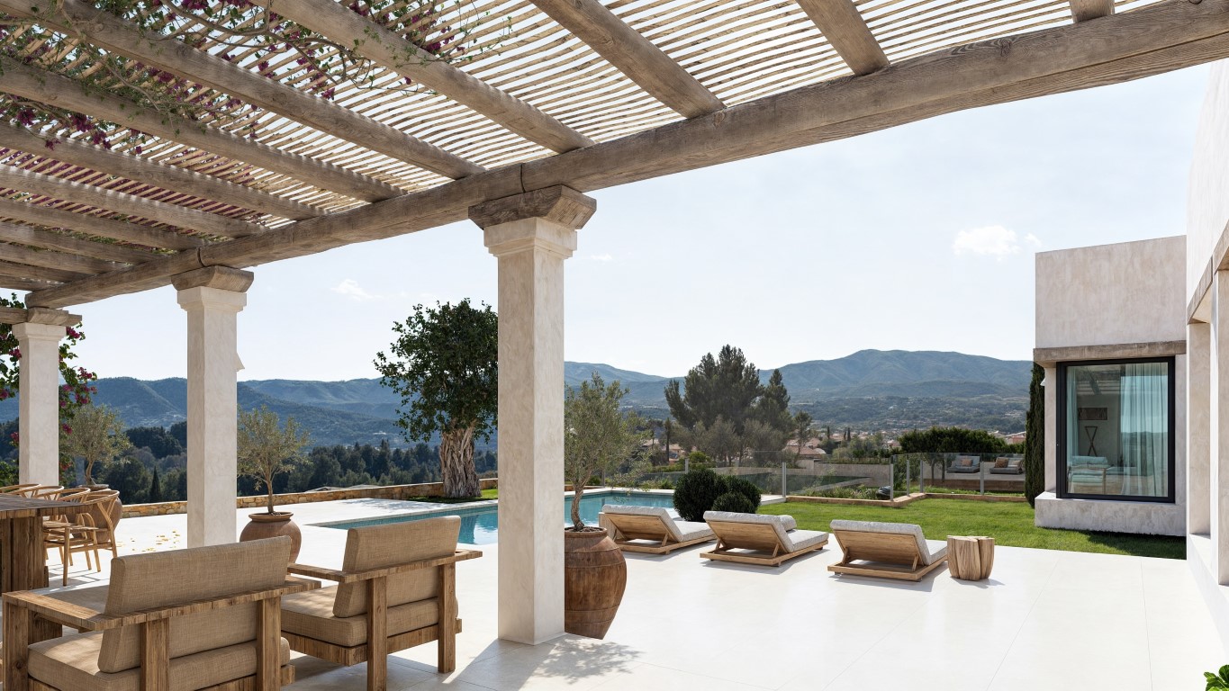 Spacious terrace with a rustic wooden pergola, integrated lounge area, and private pool featuring panoramic views of the Mediterranean landscape and mountains.