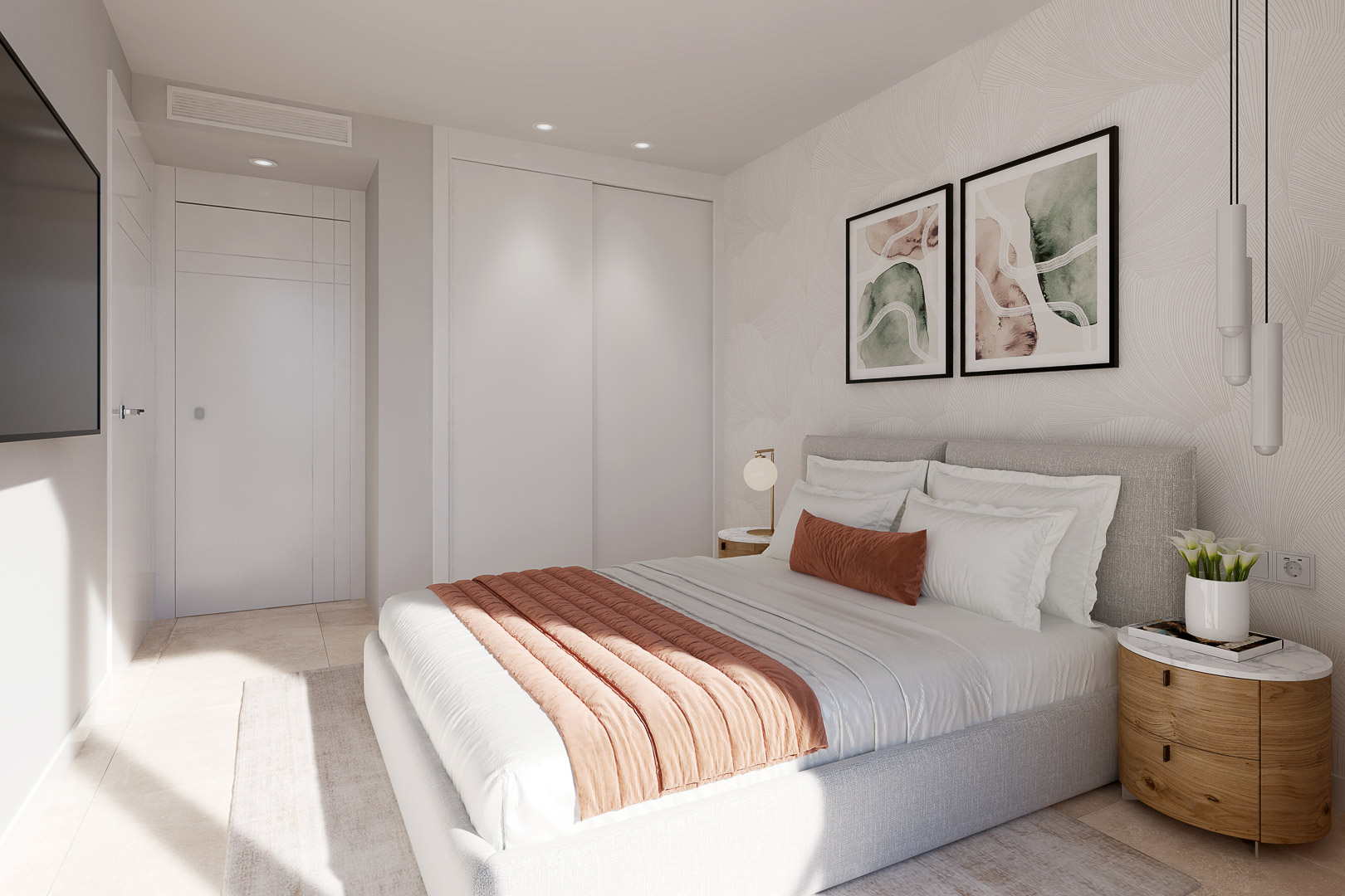 Bedroom featuring white built-in wardrobes, textured wallpaper, and porcelain flooring. It includes high-quality lacquered doors and integrated recessed ceiling lighting.