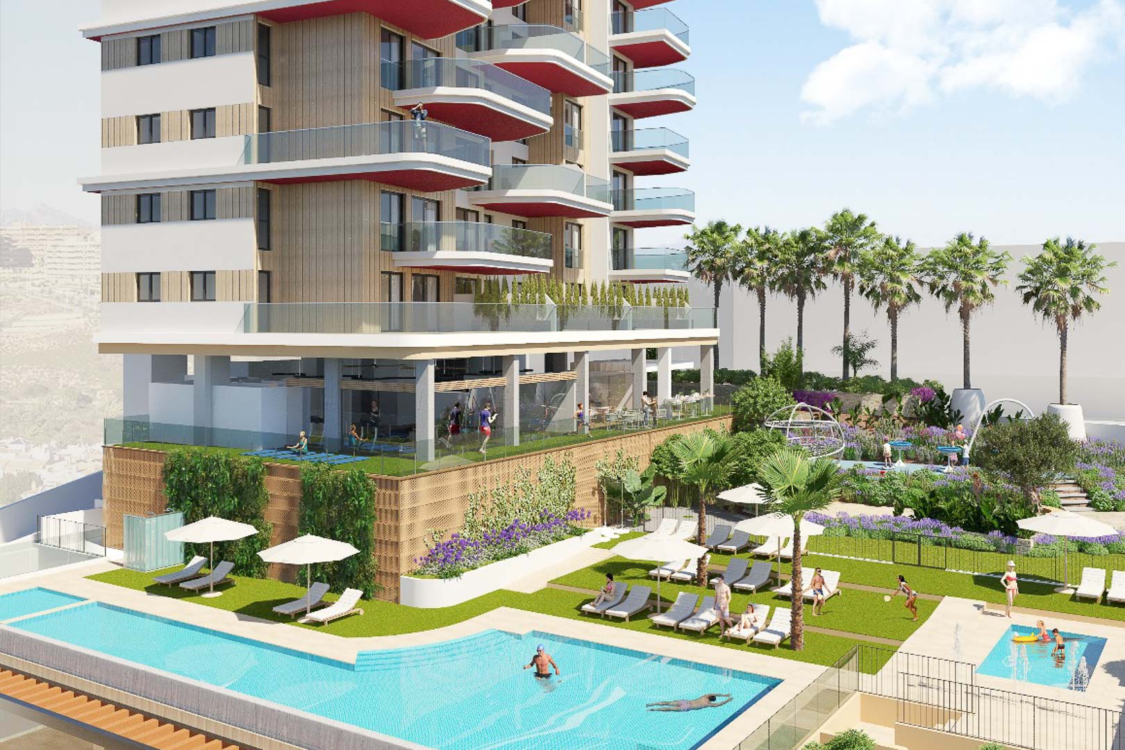Exterior view of the communal areas including a lap pool, sun terrace, landscaped gardens, and a glass-fronted gym beneath contemporary balconies.