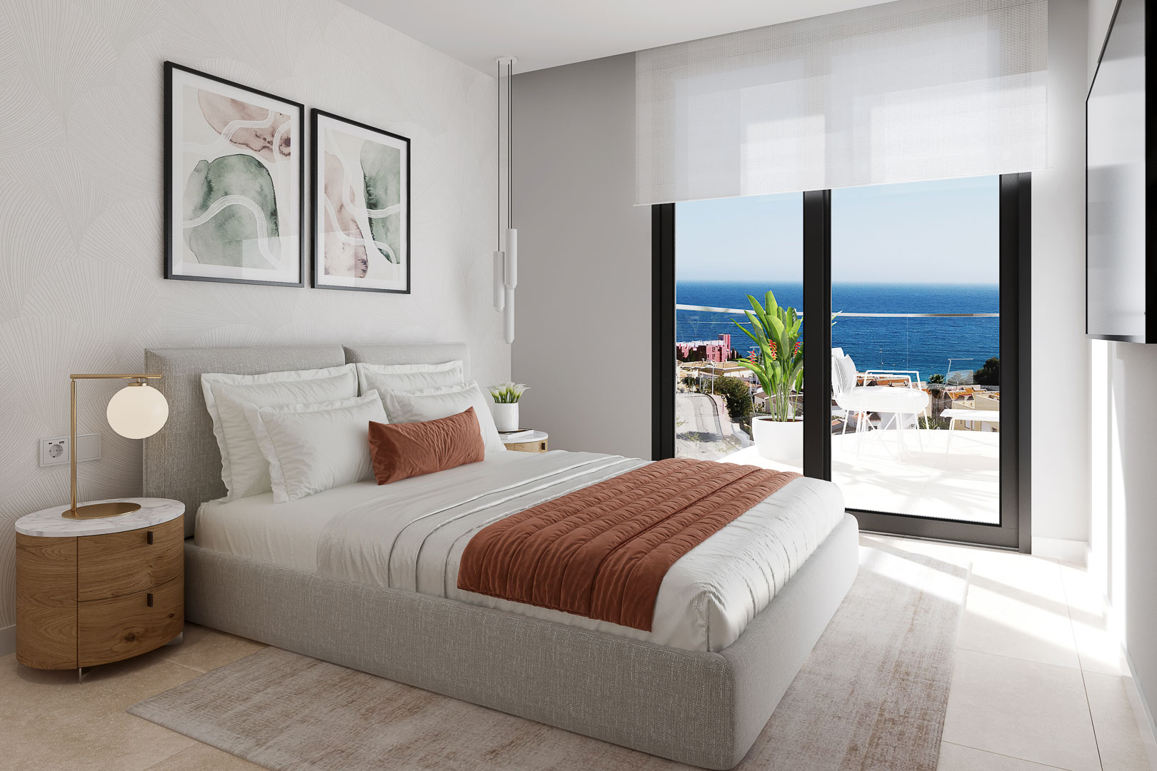 Master bedroom featuring floor-to-ceiling glass doors with sea views, textured wallpaper, and high-end porcelain flooring leading to a private terrace.