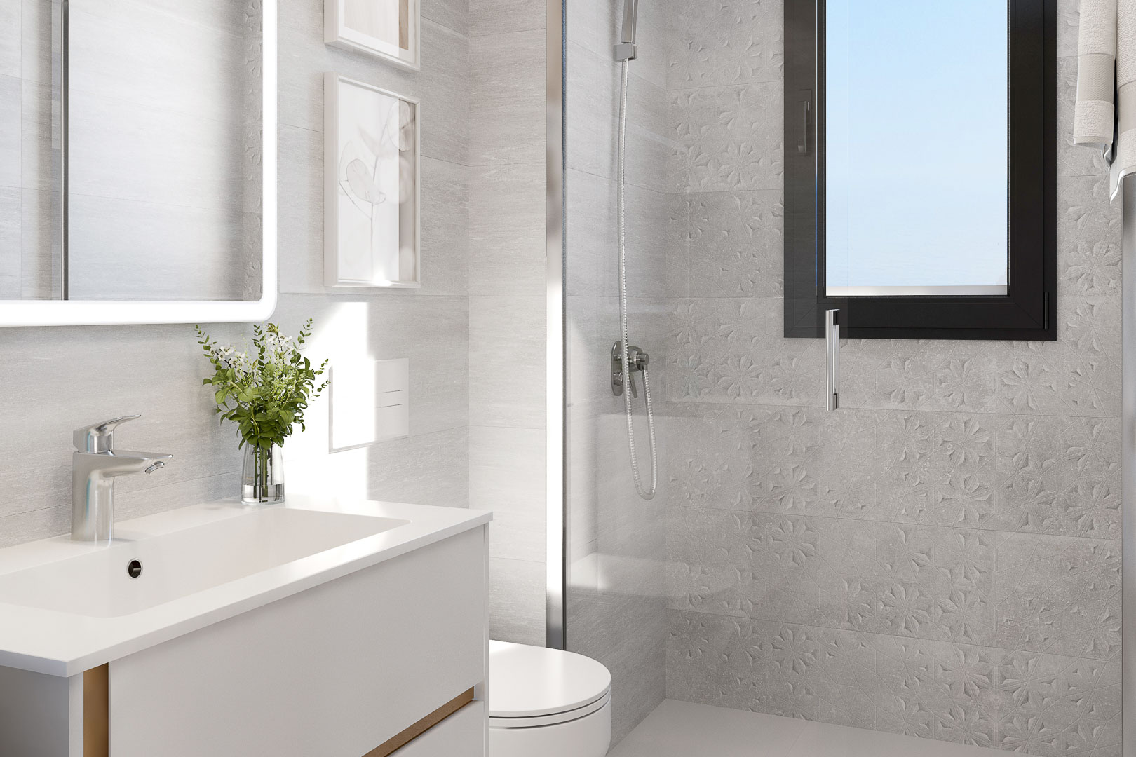 Modern bathroom featuring a white vanity with integrated sink, backlit mirror, and glass shower. It includes textured grey tiling and a black-framed window for natural light.