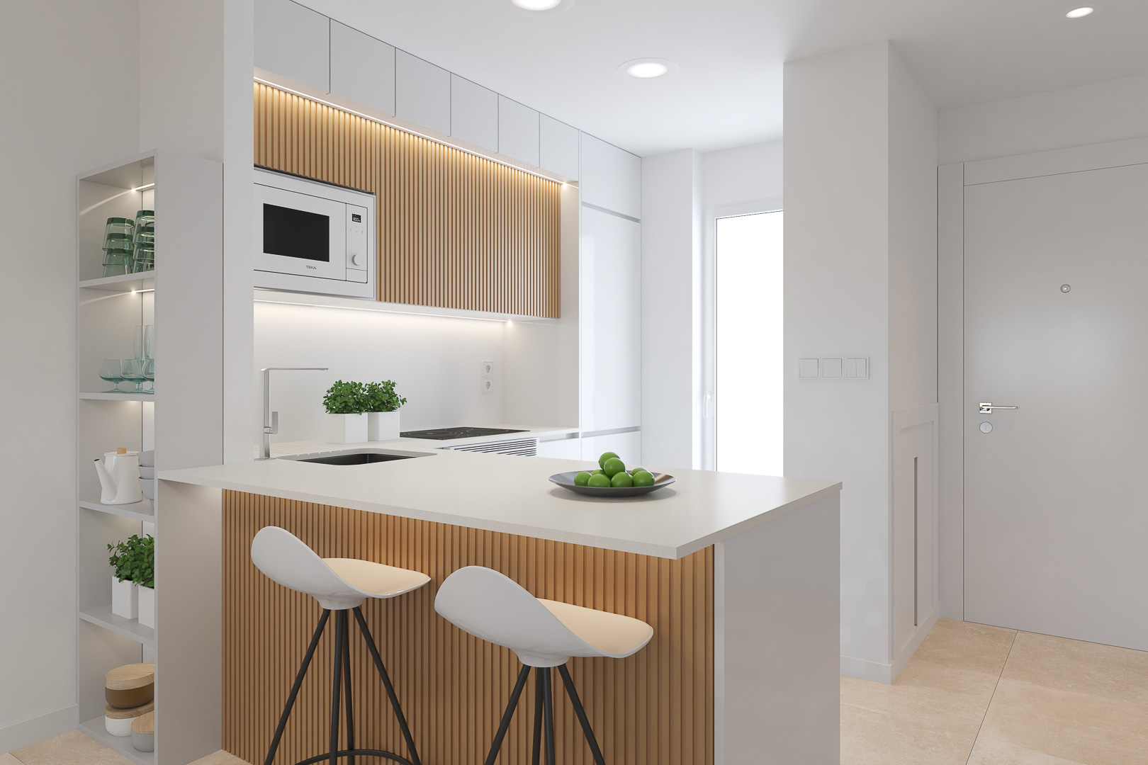 Modern kitchen featuring a wood-slatted island, white countertops, and designer stools. Includes integrated appliances and open shelving with recessed LED lighting.