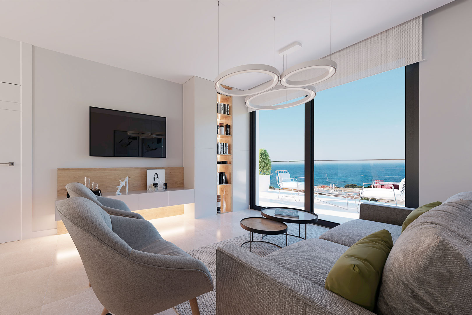 Modern living area featuring porcelain flooring, integrated LED lighting, and floor-to-ceiling windows opening to a terrace with expansive Mediterranean Sea views.