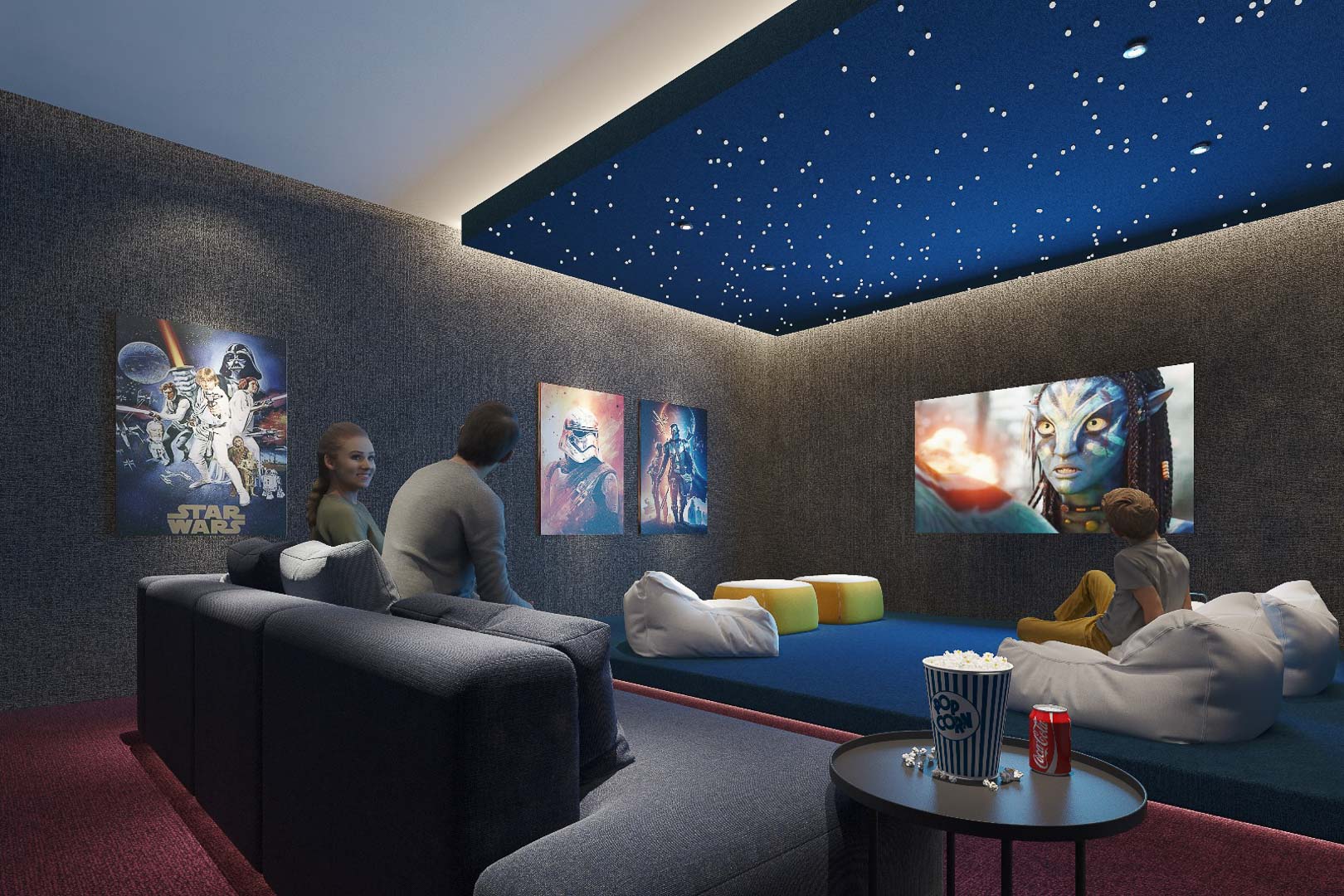 Private cinema room featuring acoustic wall panels, a fiber-optic starry ceiling, and tiered seating with a large projection screen for immersive viewing.