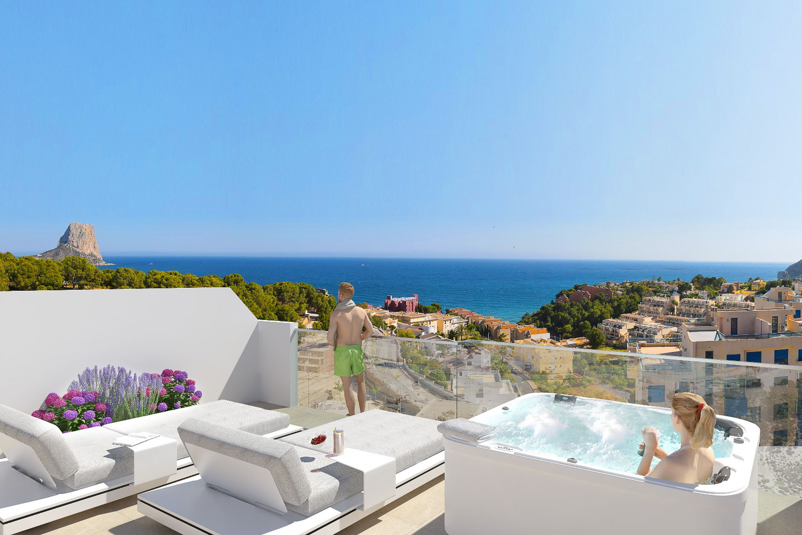 Private terrace featuring a built-in jacuzzi, modern sun loungers, and glass railings overlooking the Mediterranean Sea and the Peñón de Ifach.