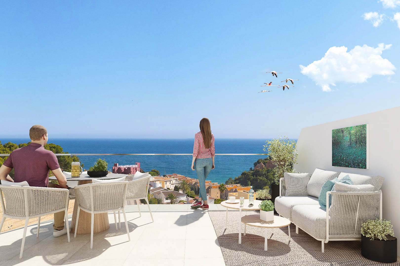 Private terrace featuring a glass balustrade, outdoor dining and lounge areas. It offers panoramic views of the Mediterranean Sea and Calpe's coastal landscape.