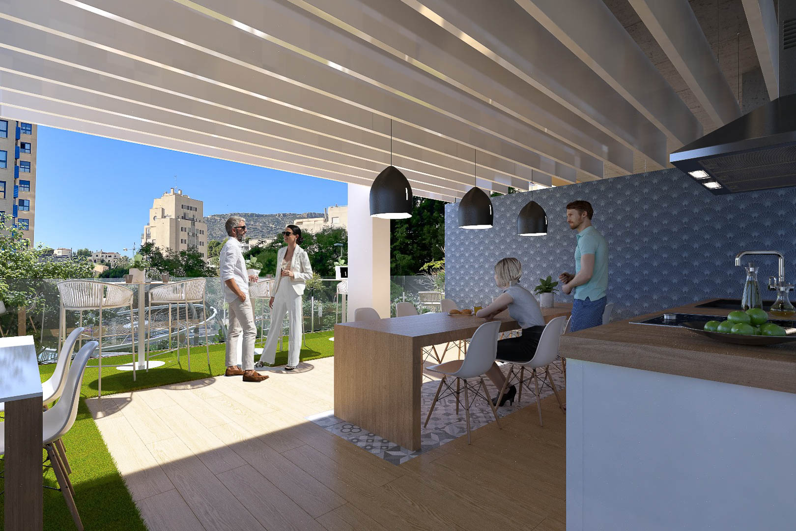 Spacious social terrace featuring an outdoor kitchen, white slatted pergola, wooden dining table, and artificial grass area with urban views.