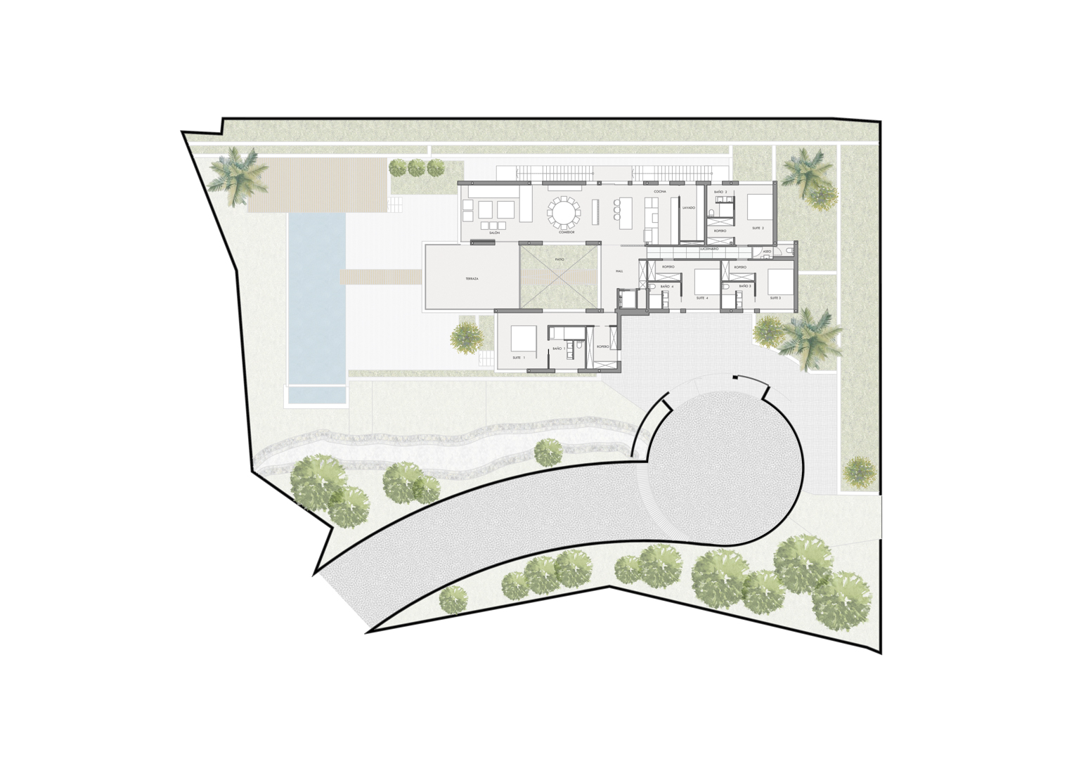 Detailed architectural site plan illustrating the villa's layout, featuring four en-suite bedrooms, open-plan living areas, a central patio, and an outdoor pool.
