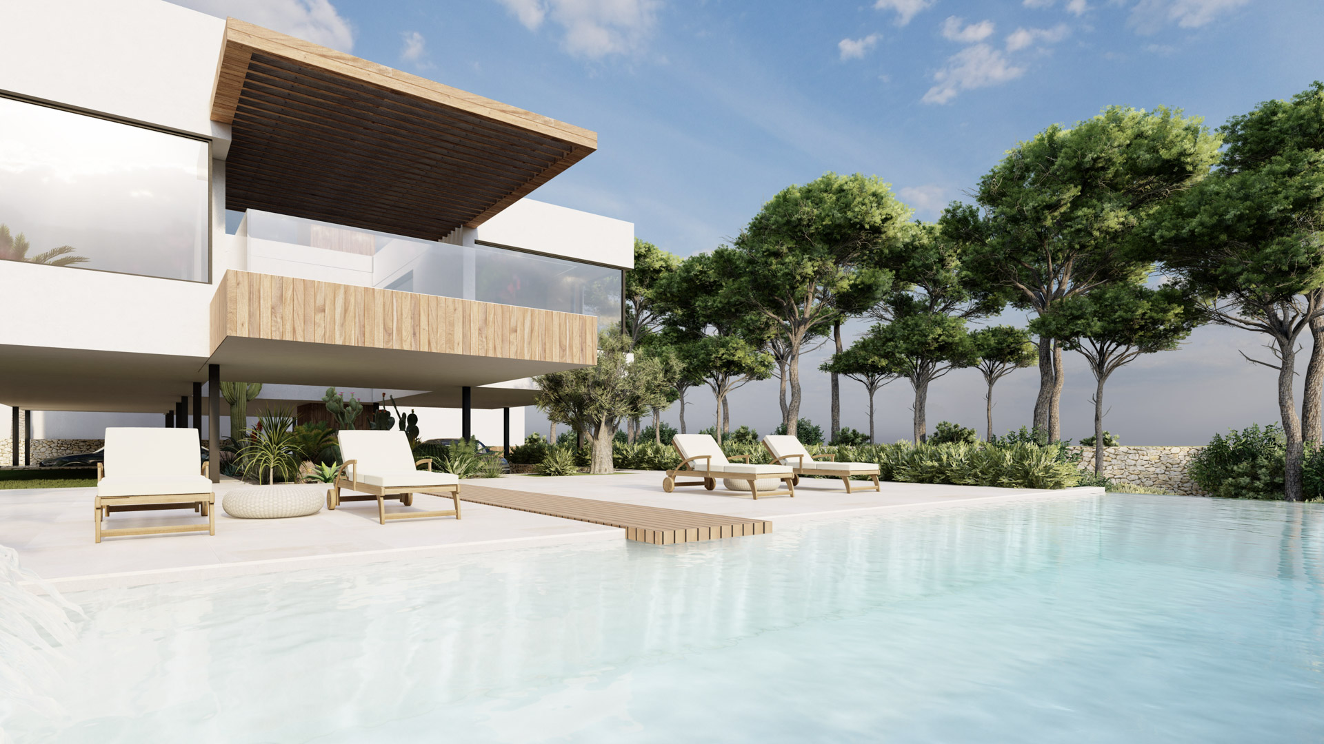 Exterior terrace featuring an infinity pool, wooden sun loungers, and modern architecture with natural wood cladding and glass balcony railings.