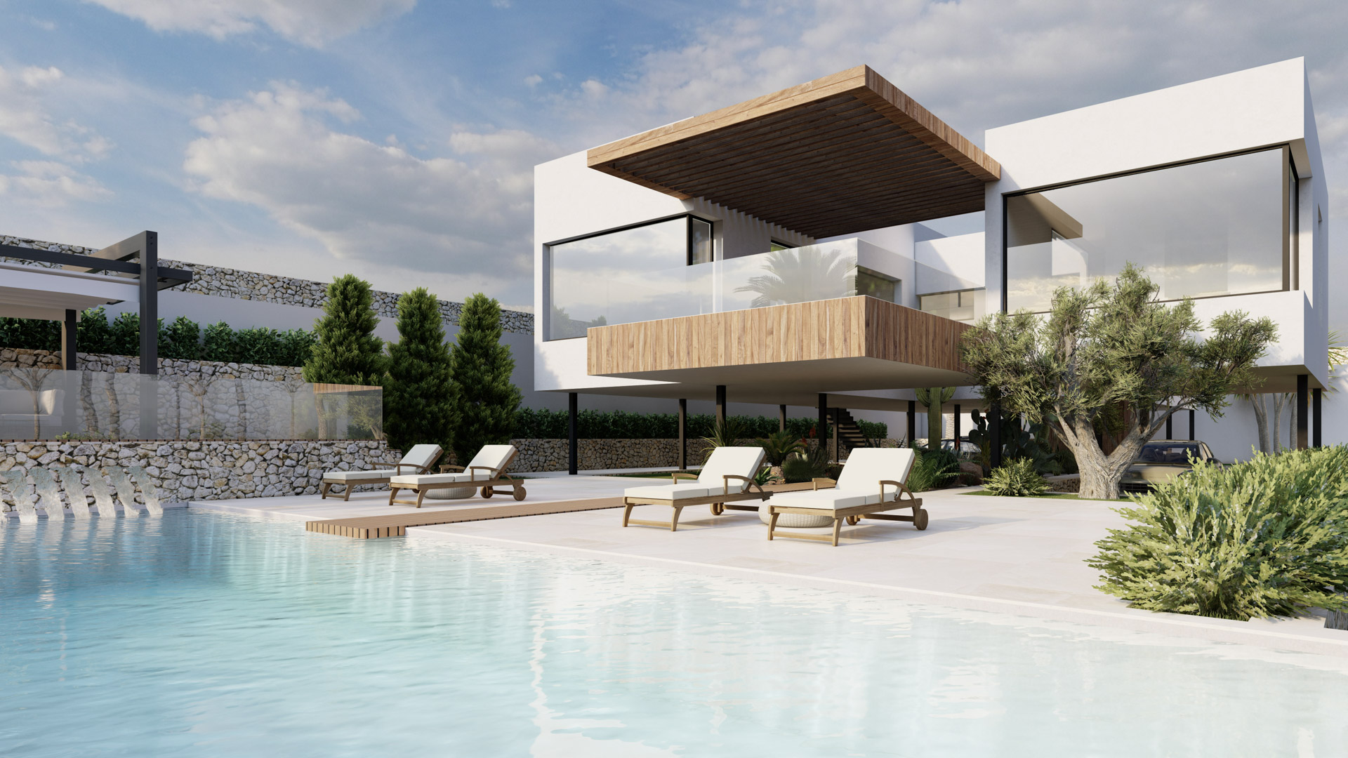 Exterior view of the pool area with light stone terrace, designer loungers, and minimalist facade combining wooden cantilevers with traditional masonry walls.