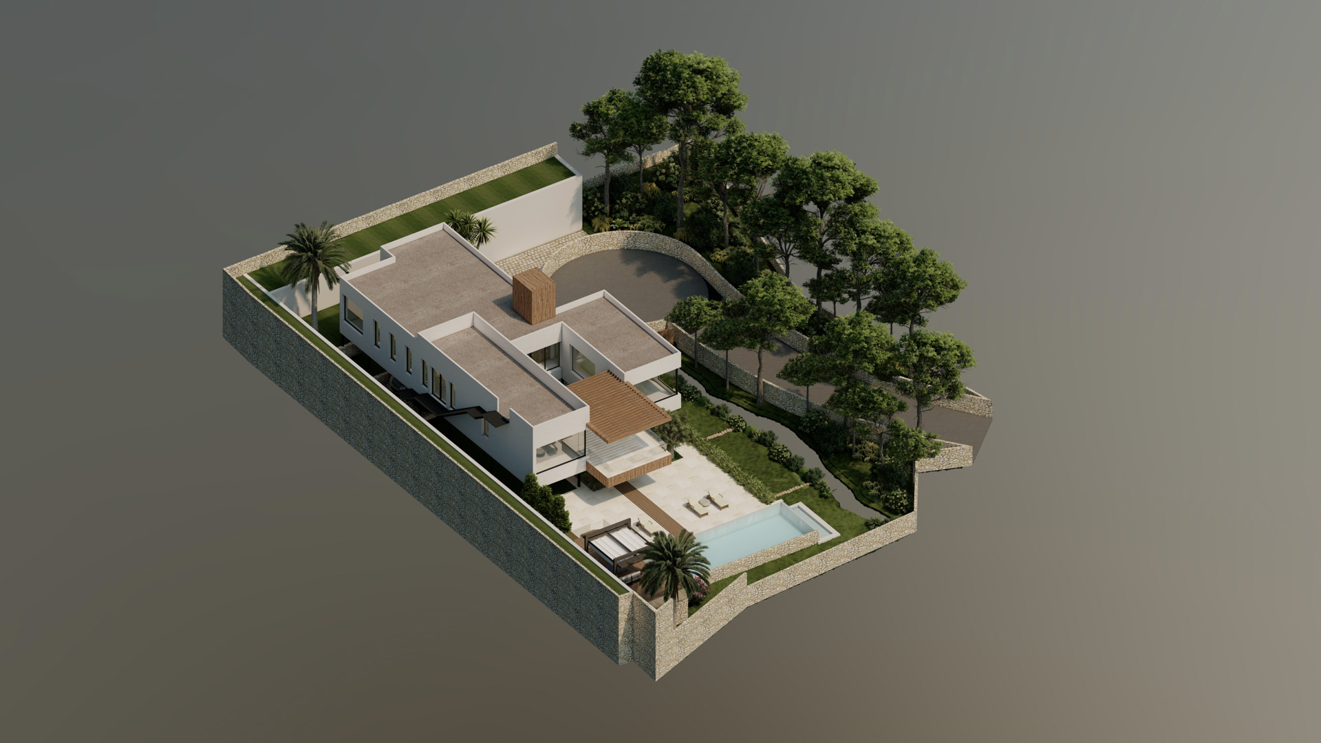 Isometric 3D rendering showing the villa's architectural layout, featuring flat roofs, a private pool, stone boundary walls, and integrated Mediterranean landscaping.