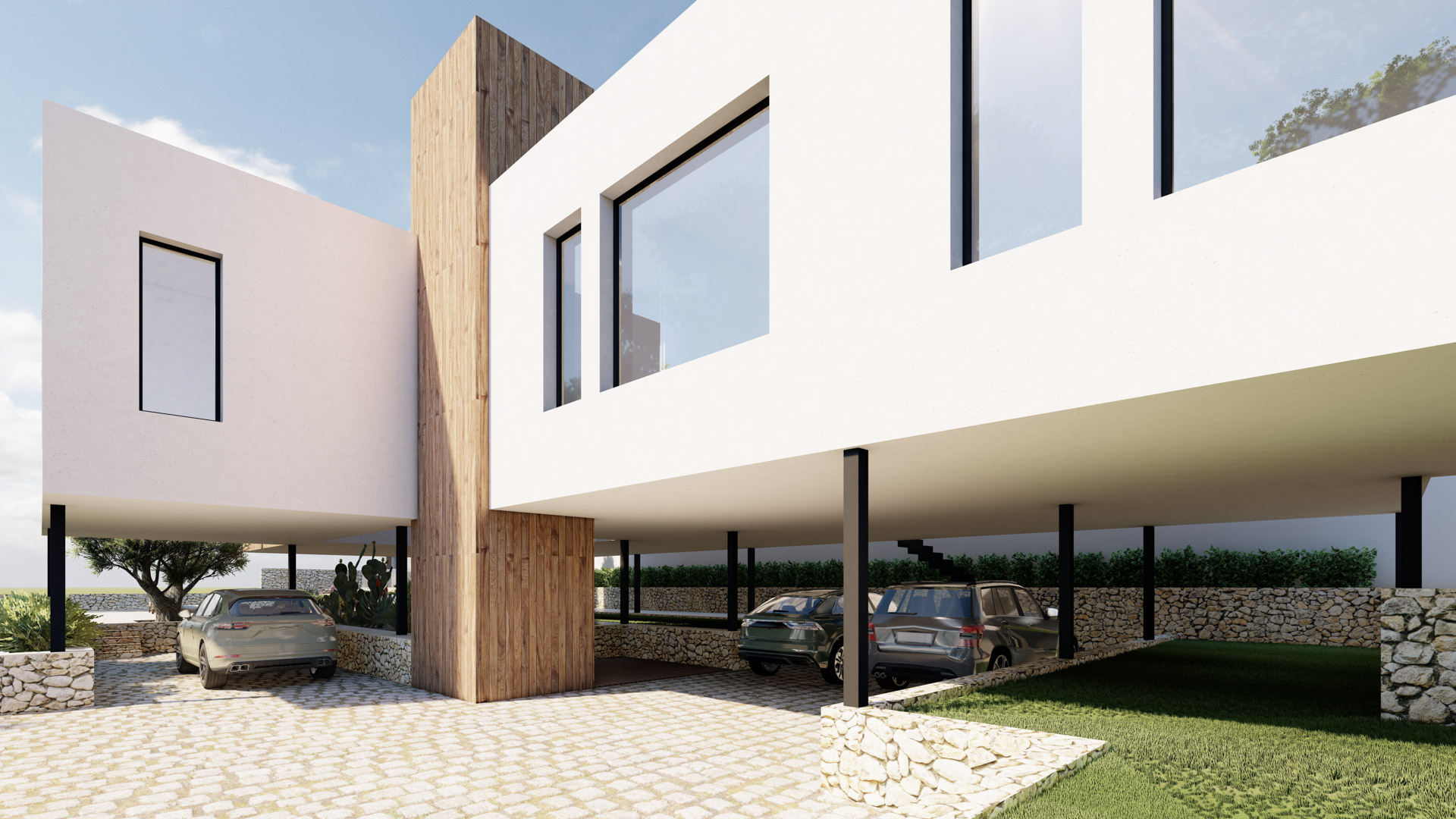 Modern facade featuring a cantilevered upper level providing a spacious covered parking area. Includes vertical wood cladding, dry stone walls, and large minimalist windows.