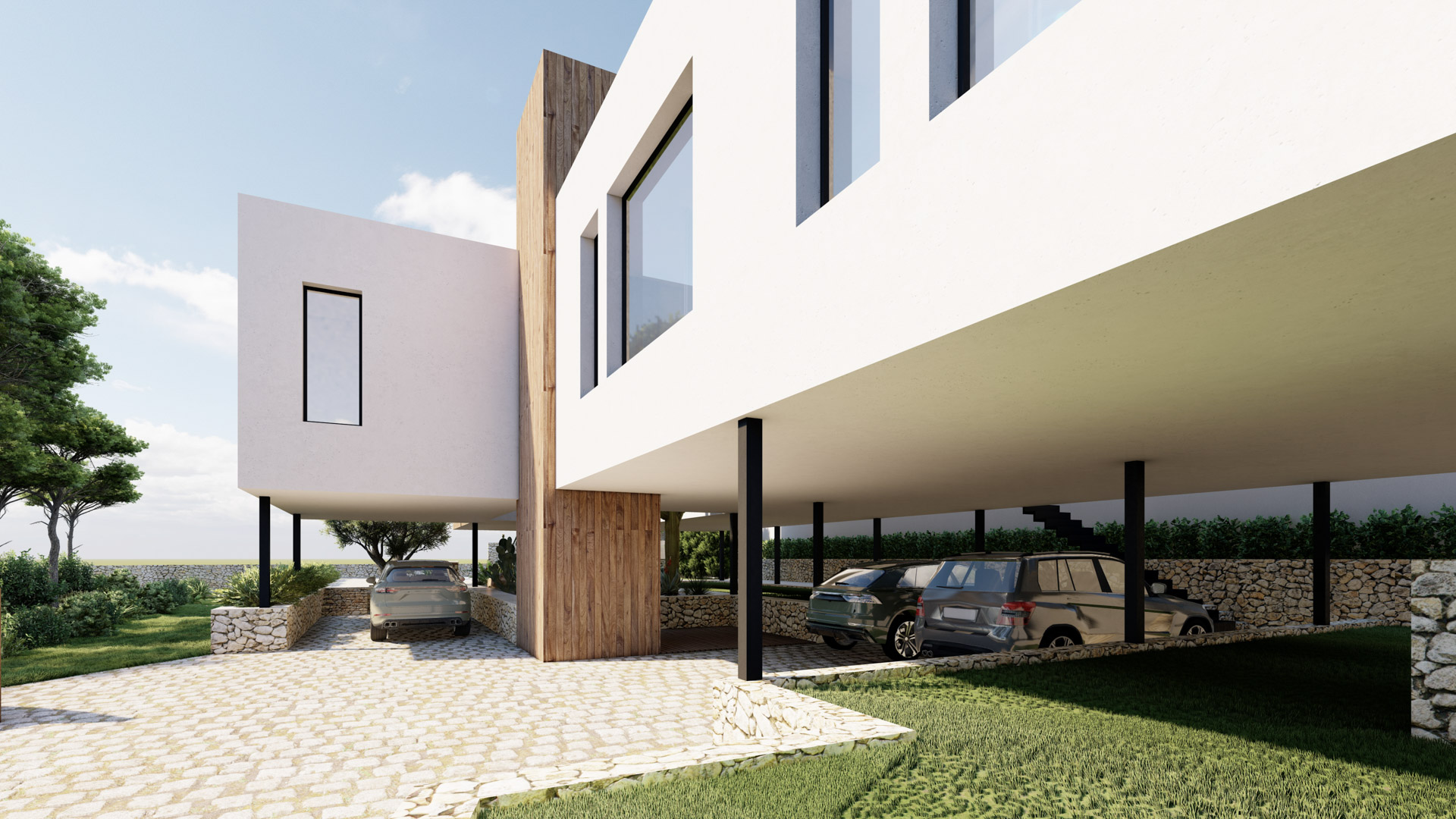 Modern facade featuring white cantilevered volumes and wood accents, integrating a spacious covered parking area with cobblestone paving and stone walls.