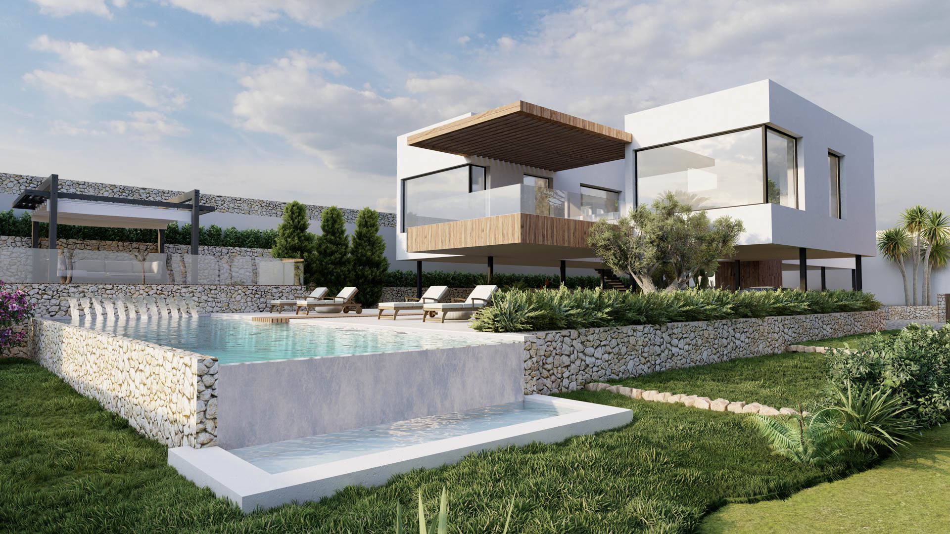 Modern villa exterior featuring an infinity pool with stone cladding, cantilevered wooden terraces, and floor-to-ceiling windows overlooking the garden.