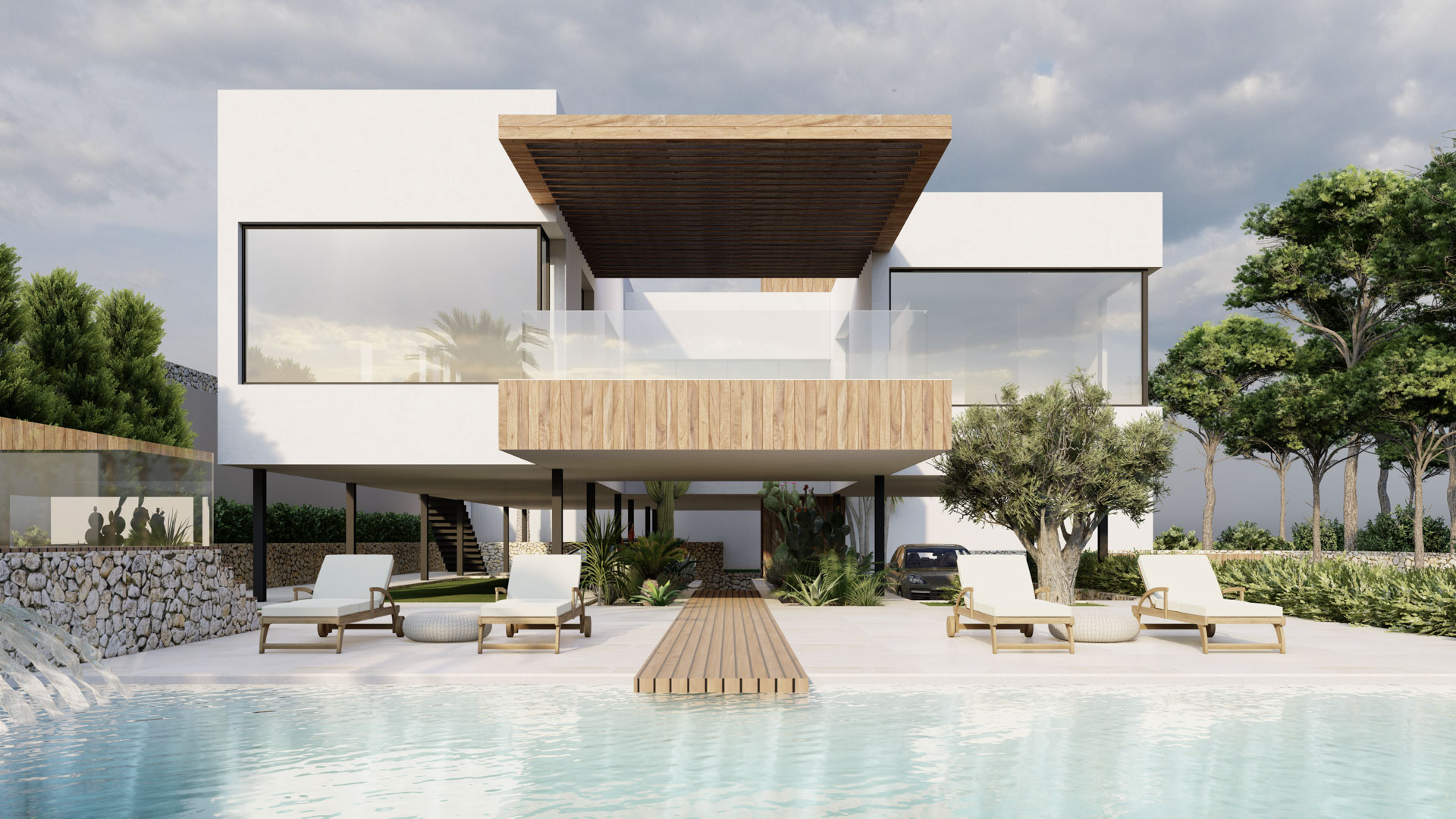 Modern villa exterior featuring wood-clad cantilevers, large glass panes, and a sun terrace with loungers surrounding a turquoise pool and wooden walkway.