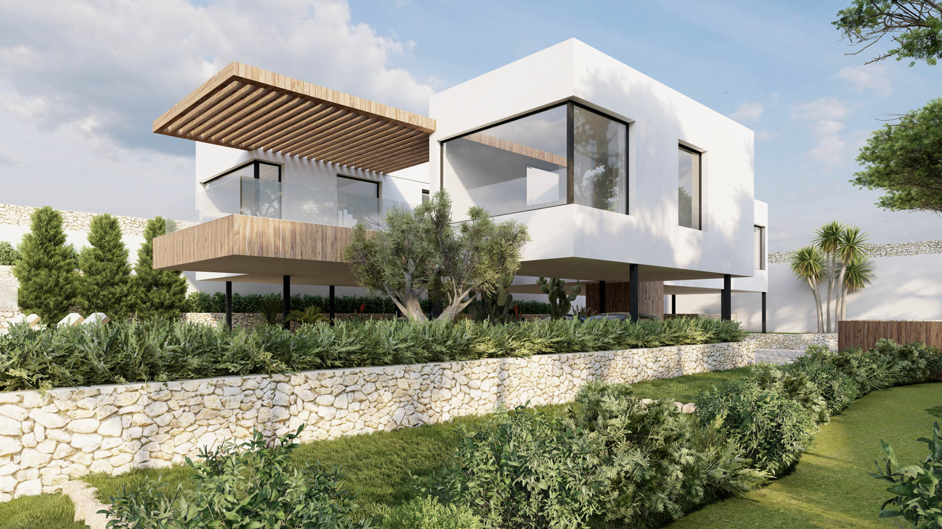 Modern villa facade featuring cantilevered volumes, wooden pergolas, and glass railings set against dry stone walls and Mediterranean landscaping.