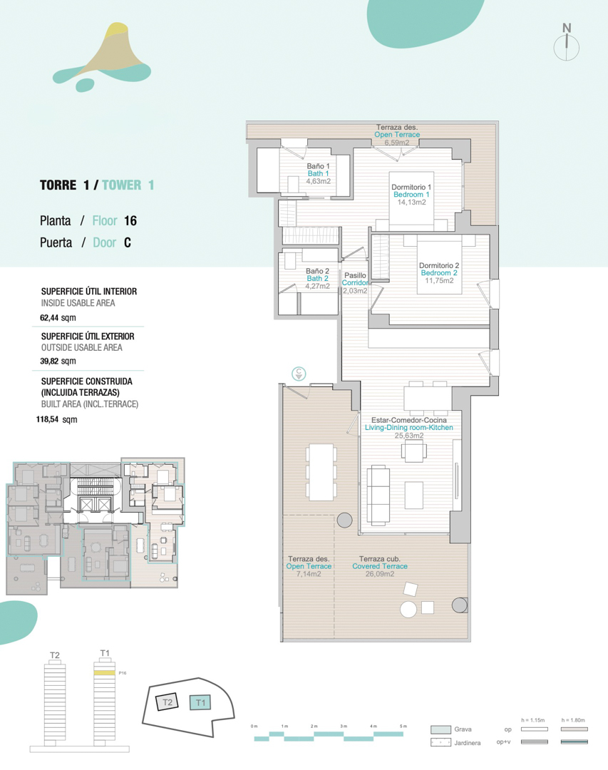 Detailed floor plan for Tower 1, Floor 16, Unit C, featuring two bedrooms, two bathrooms, and a spacious 26m² covered terrace integrated with the living area.