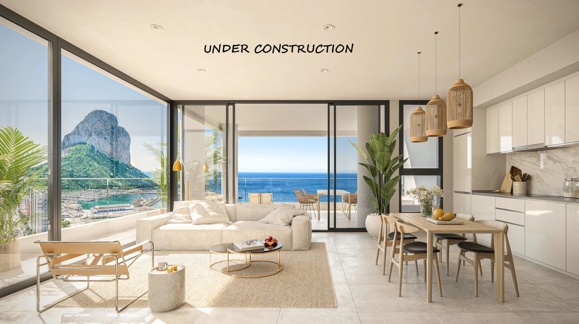 Open-concept living area featuring a modern kitchen, wooden dining set, and floor-to-ceiling glass doors opening to views of the Peñón de Ifach.
