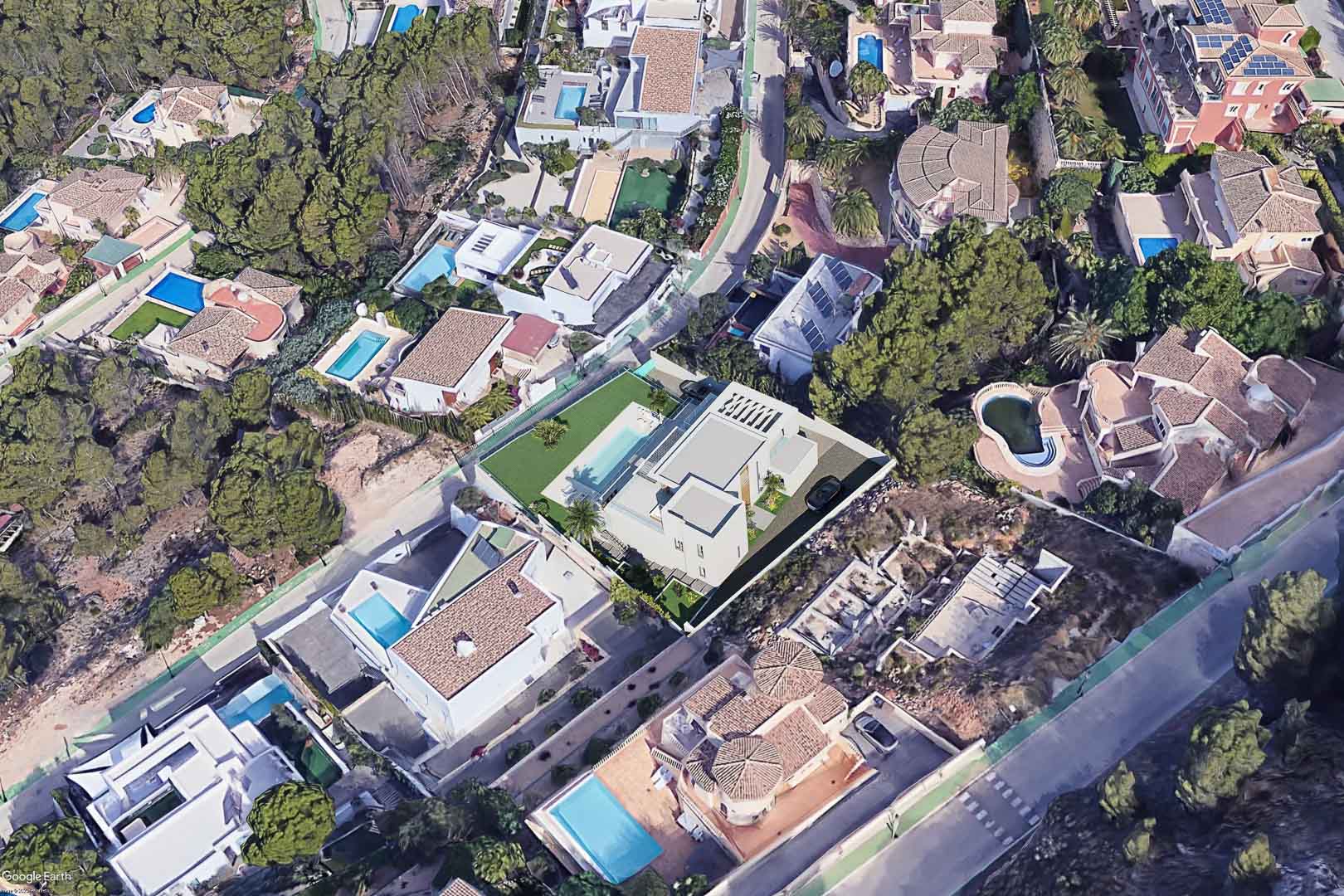 Aerial view of the villa in Altea Hills, showcasing its modern white architecture, private pool, and landscaped plot integrated into the hillside.