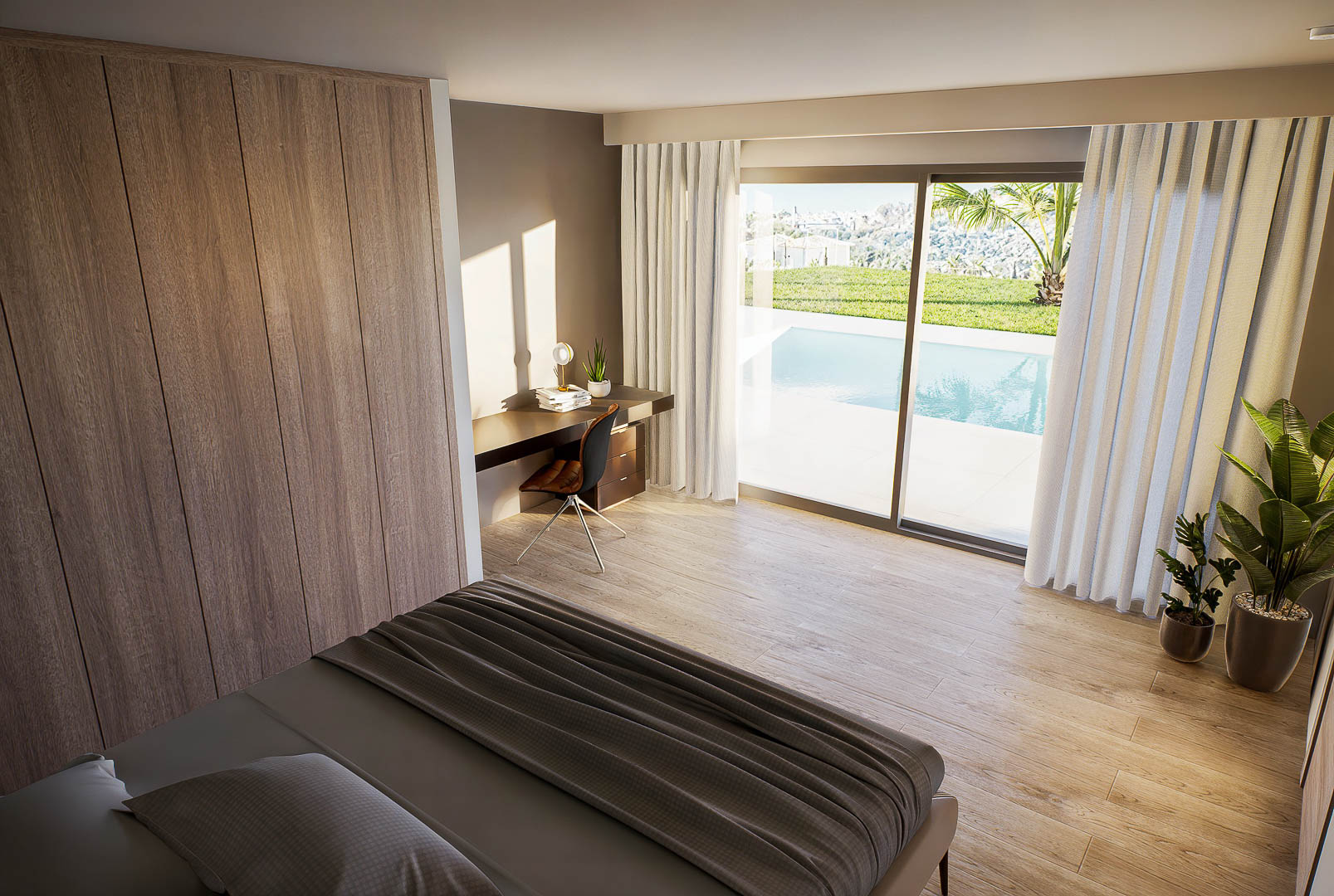 Bright bedroom featuring integrated wooden wardrobes, a dedicated workspace, and direct access to the pool area through large sliding glass doors. Wood-effect porcelain flooring.