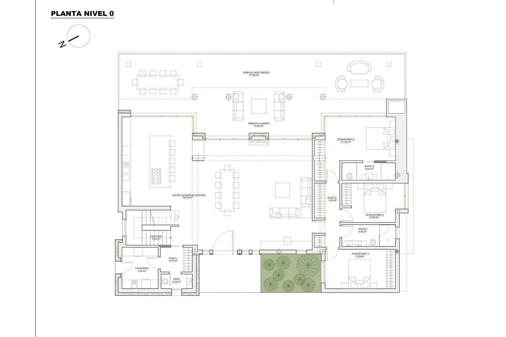 Detailed floor plan of level 0 featuring a 94 m² open-plan living area, three bedrooms, and a spacious 77 m² terrace with outdoor lounge and dining zones.