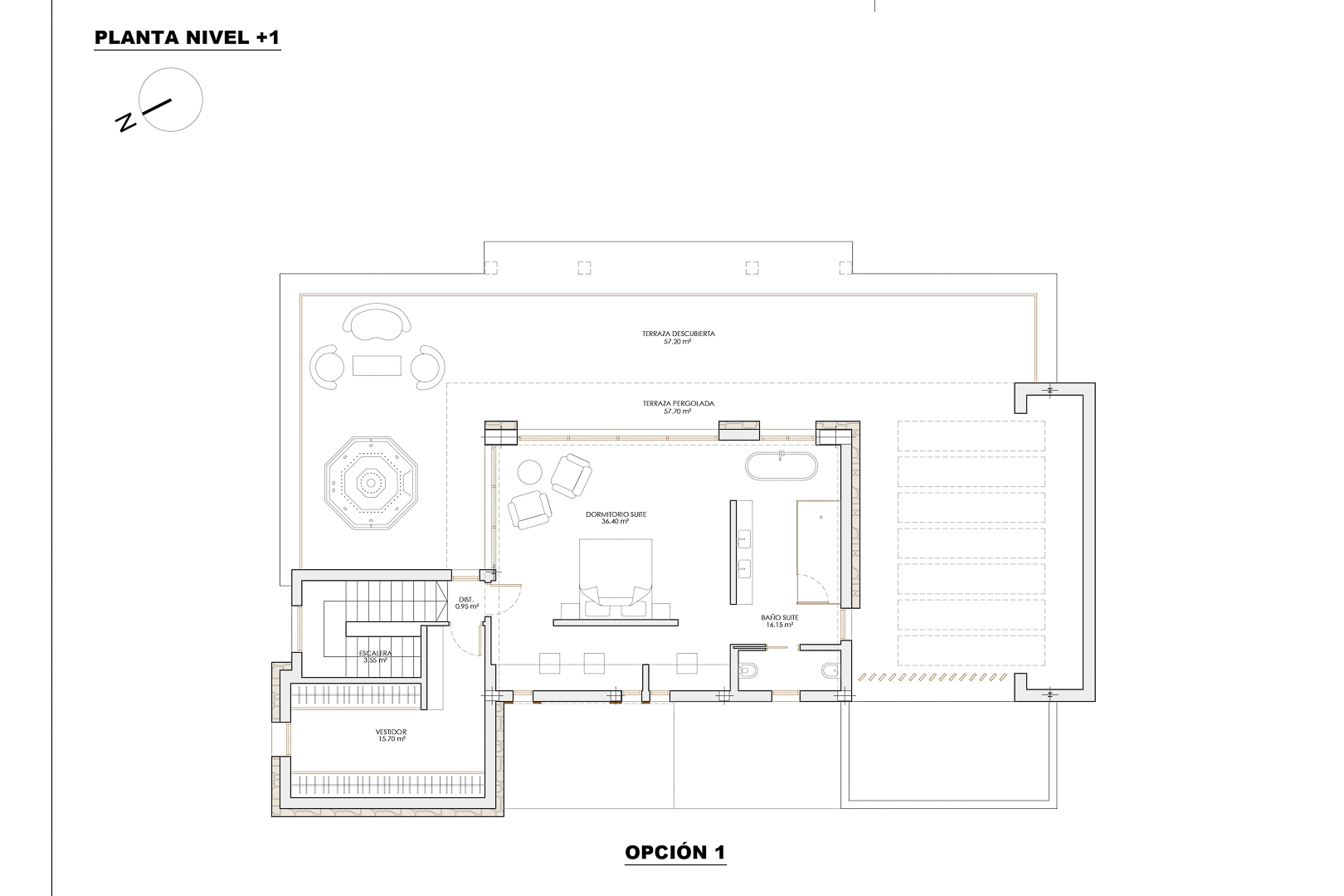 Detailed floor plan of level +1 featuring a master suite with a walk-in closet, en-suite bathroom, and an expansive 114 sqm terrace with open and pergolated areas.