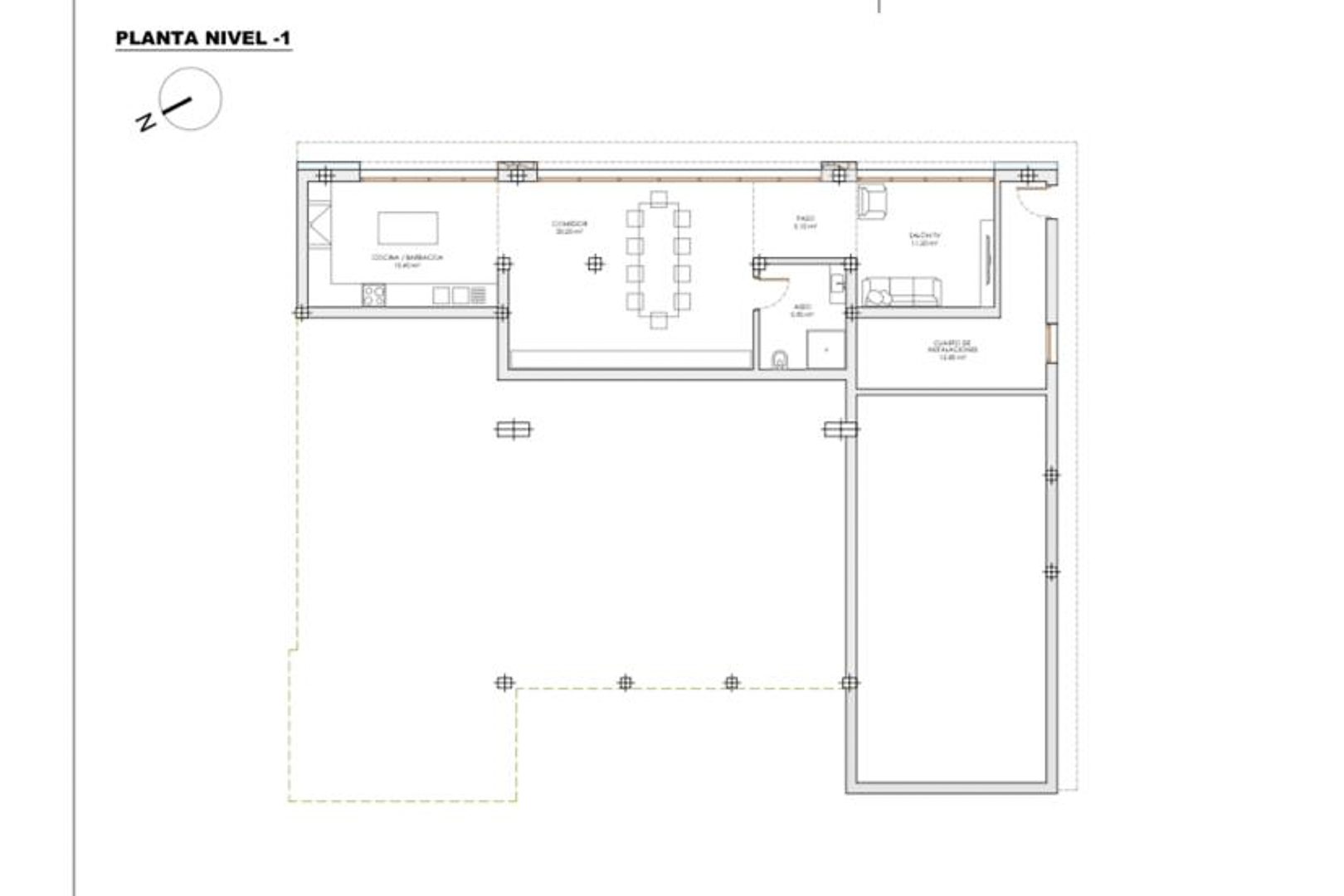 Floor plan of Level -1 illustrating the layout of the kitchen-barbecue, dining area, TV room, guest bathroom, and technical room with terrace access.