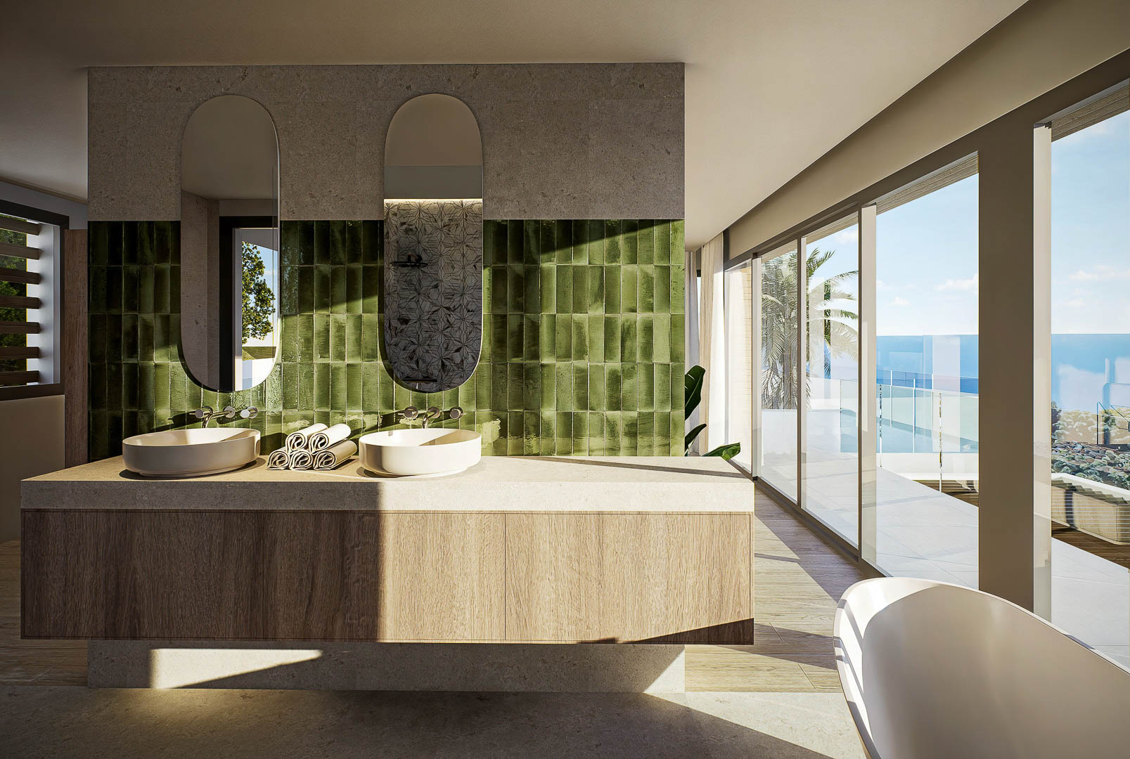 Master bathroom featuring a double vanity, green vertical tiling, and floor-to-ceiling windows offering expansive sea views and terrace access.