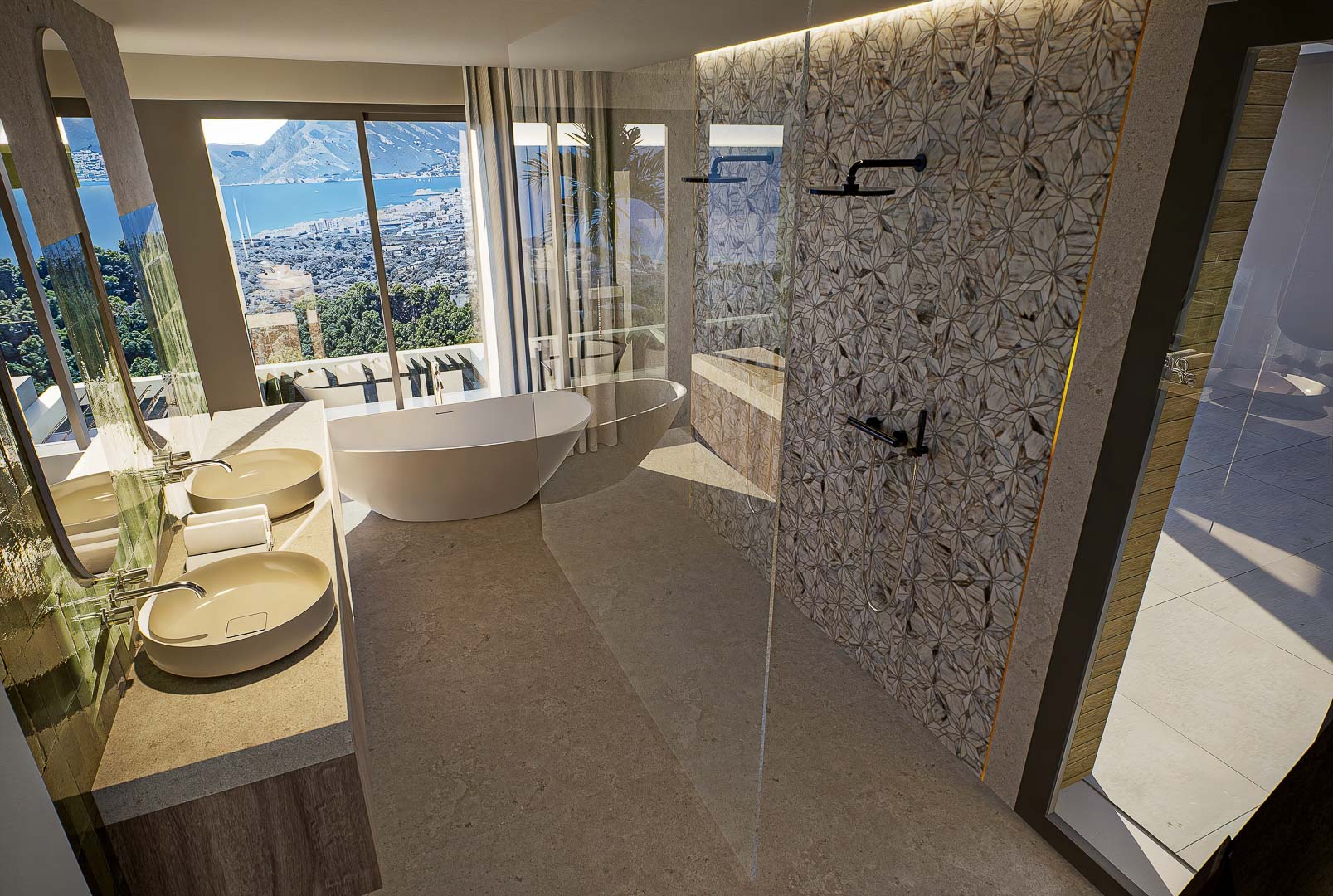 Master bathroom with double vessel sinks, a freestanding tub, and a walk-in shower with geometric tiles. Large windows overlook the Altea coastline and the Mediterranean Sea.