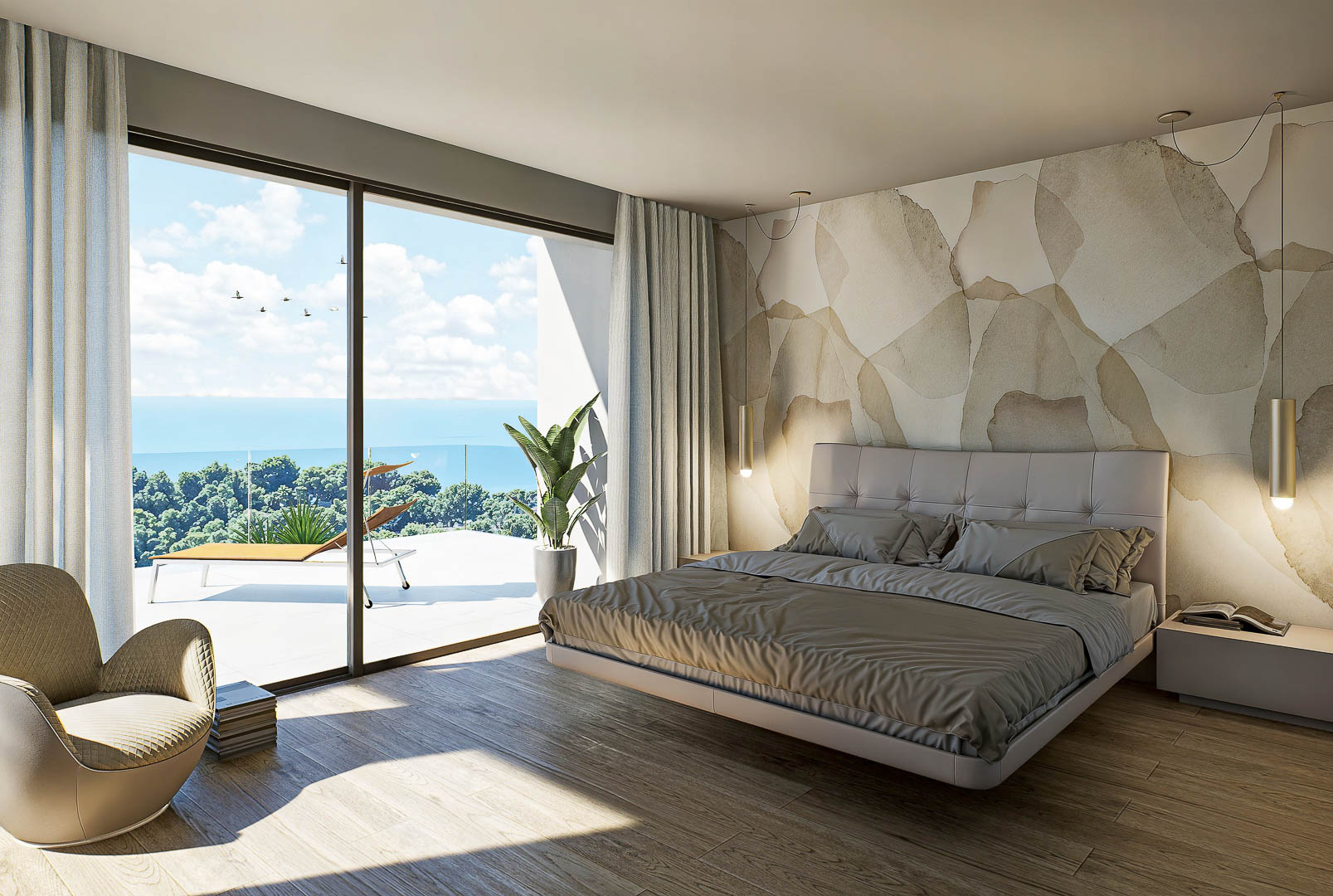 Master bedroom featuring floor-to-ceiling sliding doors, panoramic sea views, a private terrace, wooden flooring, and a contemporary artistic accent wall.