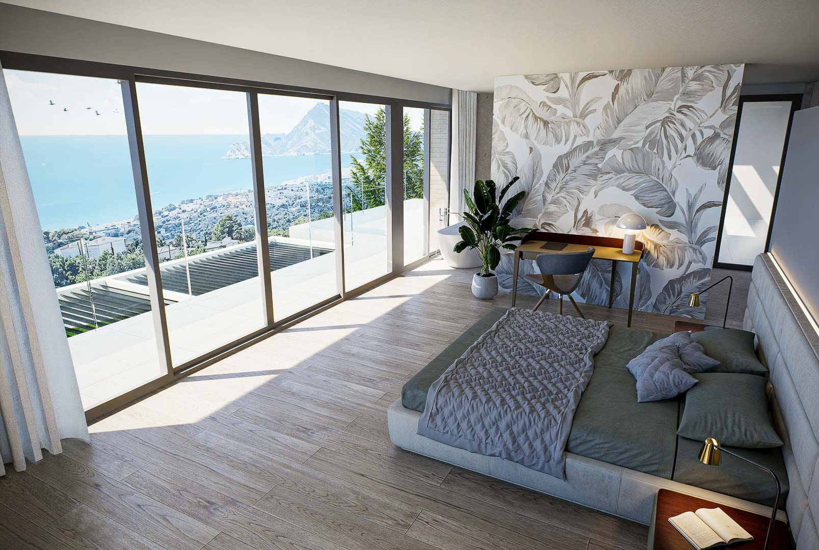 Master bedroom featuring floor-to-ceiling windows with panoramic sea views, wood-effect porcelain flooring, and a botanical wallpaper accent wall with a workspace.