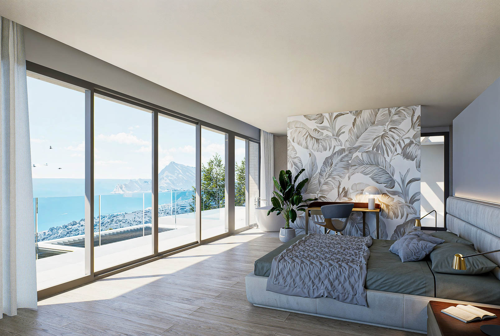 Master bedroom featuring floor-to-ceiling windows with sea views, wood-effect porcelain flooring, and a dedicated workspace with botanical-patterned wallpaper.