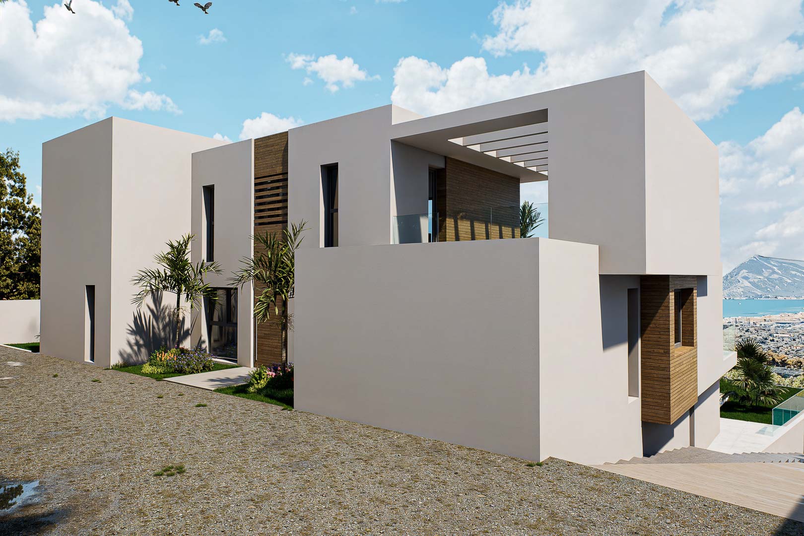 Modern cubic villa exterior featuring white facades, wood-textured panels, and glass-railed terraces overlooking the Mediterranean coastline.