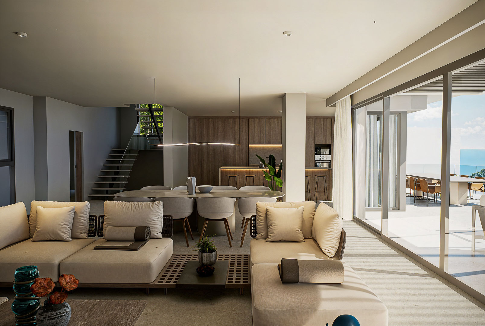 Open-concept living and dining area featuring floor-to-ceiling glass doors, integrated wood-finish kitchen, and seamless access to the sea-view terrace.
