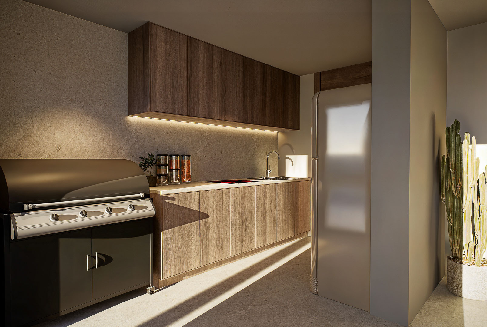 Outdoor kitchen featuring an integrated gas grill, wooden cabinetry, stone backsplash, and a retro-style refrigerator under natural light.